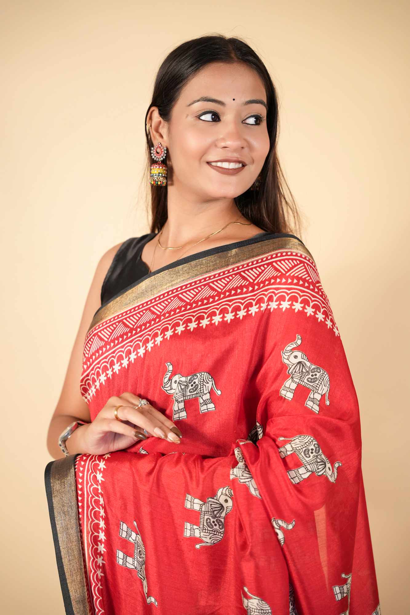 Crepe Cotton with Traditional Elephant & Floral Block Prints Ready To Wear saree