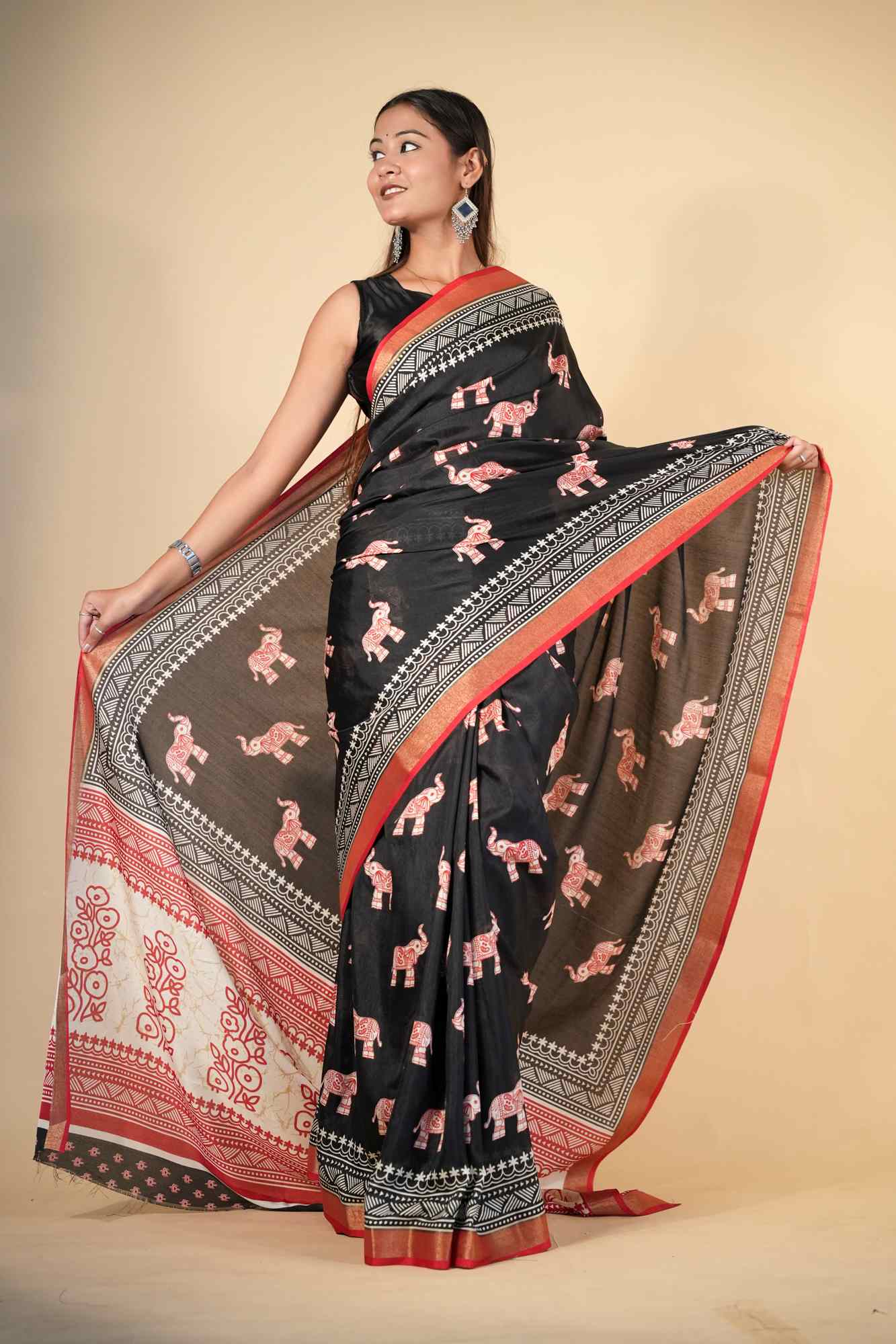 Crepe Cotton with Elephant Print and Traditional Border Ready To Wear Saree