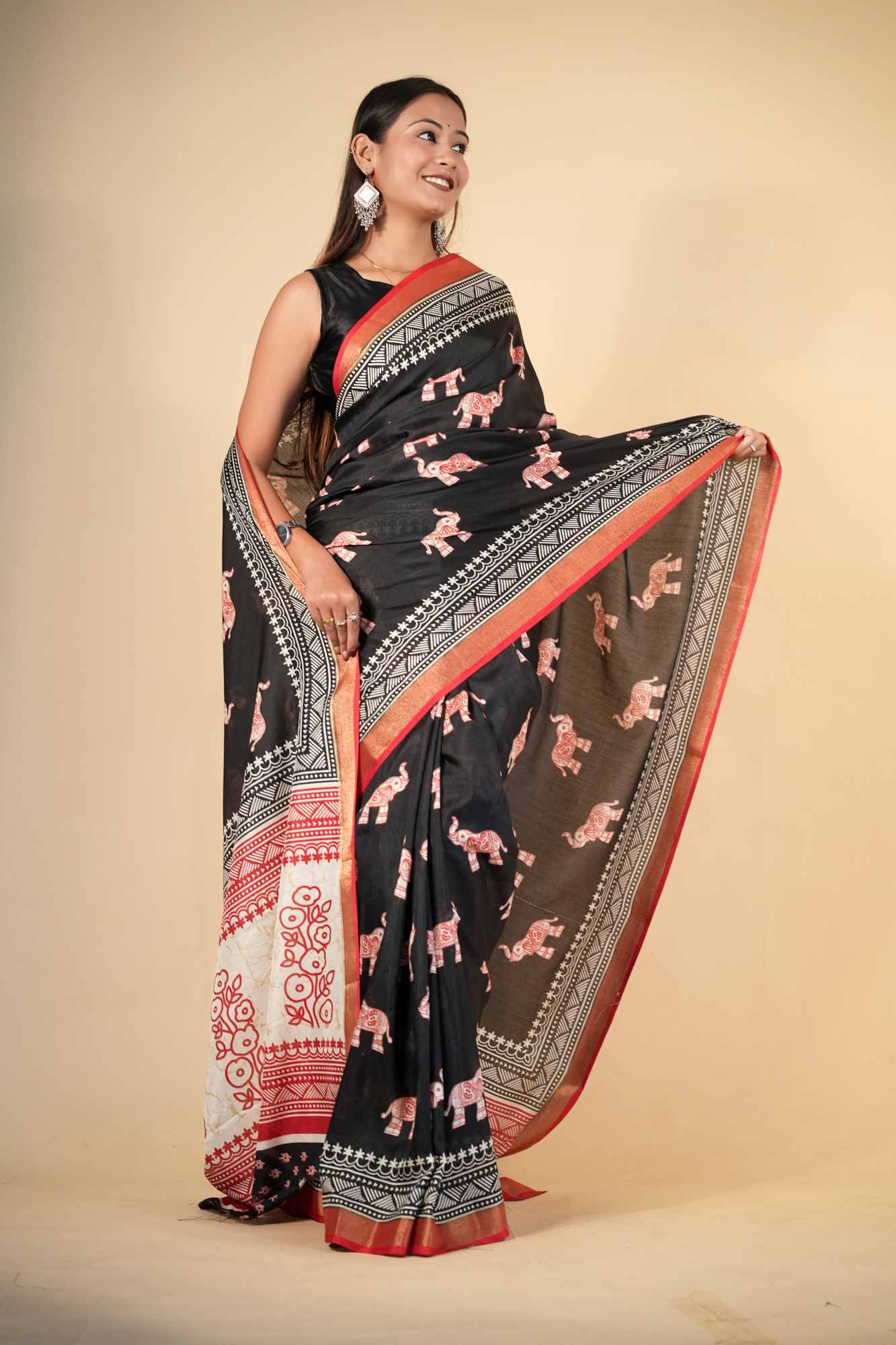 Crepe Cotton with Elephant Print and Traditional Border Ready To Wear Saree