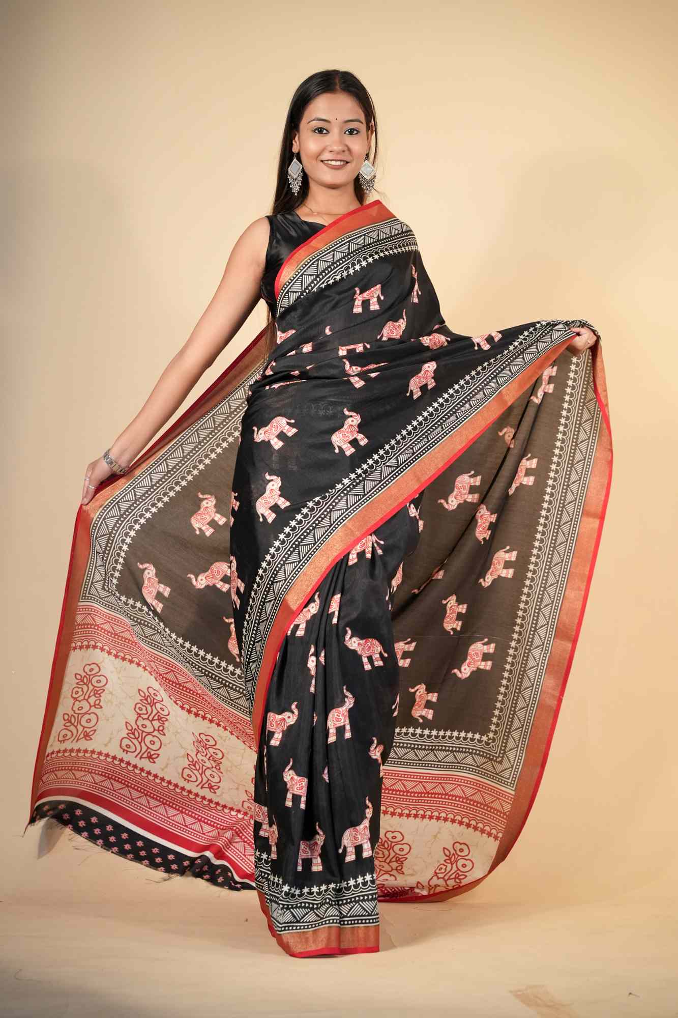 Crepe Cotton with Elephant Print and Traditional Border Ready To Wear Saree