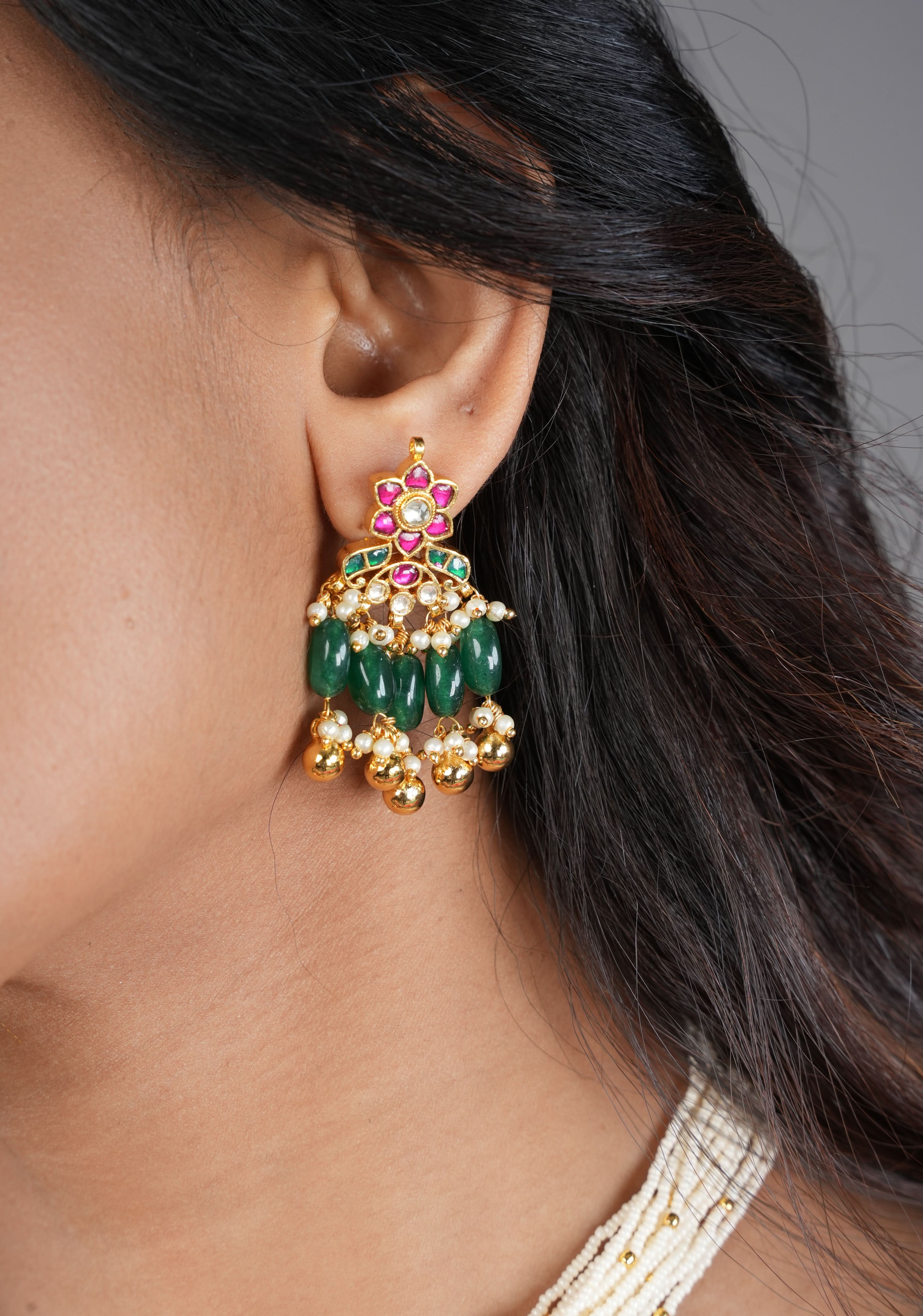Ornate Jadau Floral Pendant on Multistrand Necklace with Green Dangling Beads and Matching Earrings | SHOBITAM