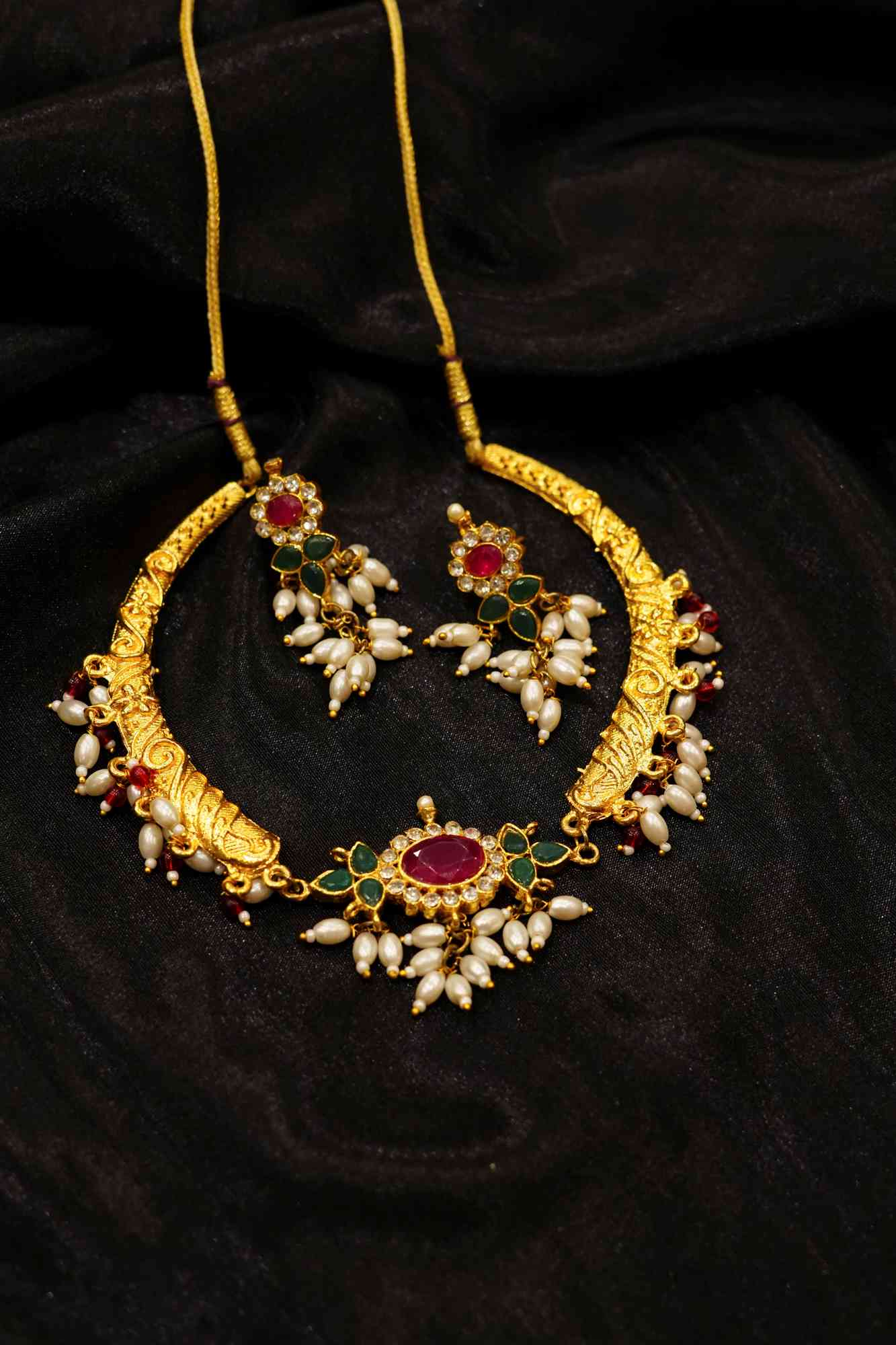 Gold Plated Rajasthani Rajputi Jewellery Stone Pearl Necklace set With Matching Earring