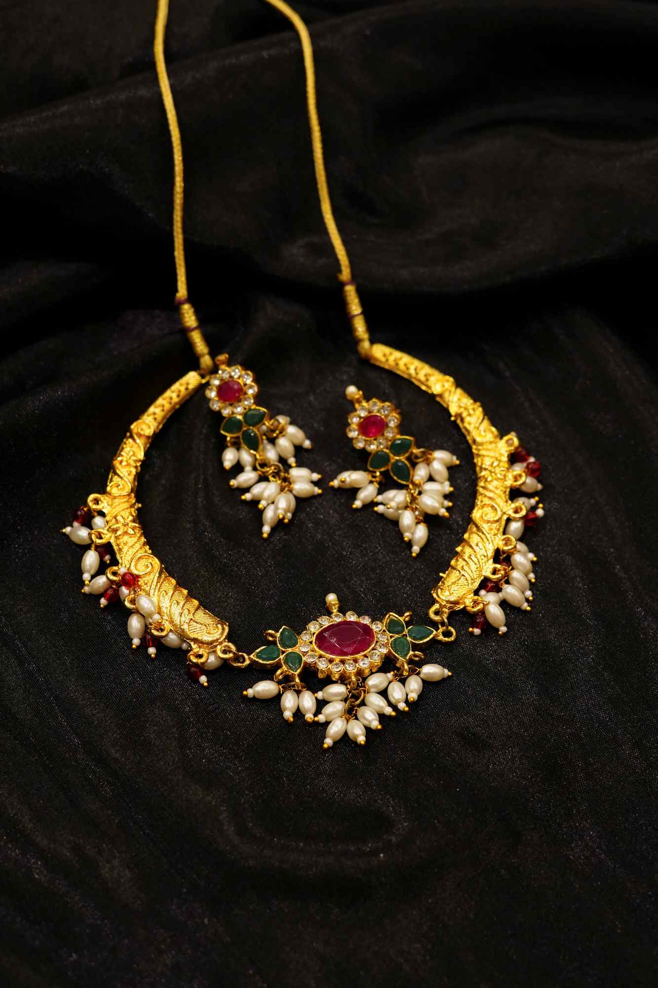 Gold Plated Rajasthani Rajputi Jewellery Stone Pearl Necklace set With Matching Earring