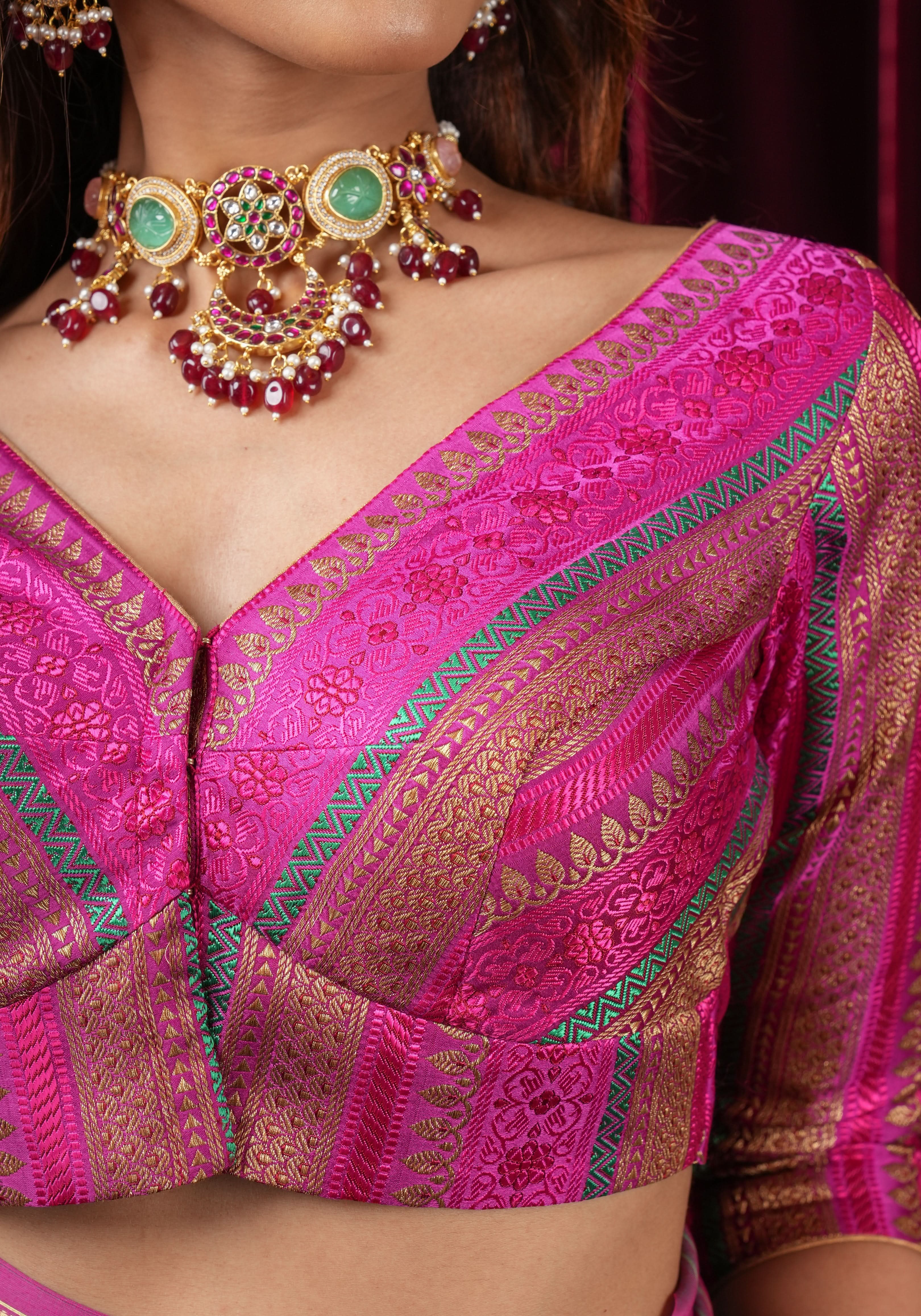Rani Pink with Multicolor Striped Brocade Banarasi Blouse with V neck, Made to Order | Shobitam