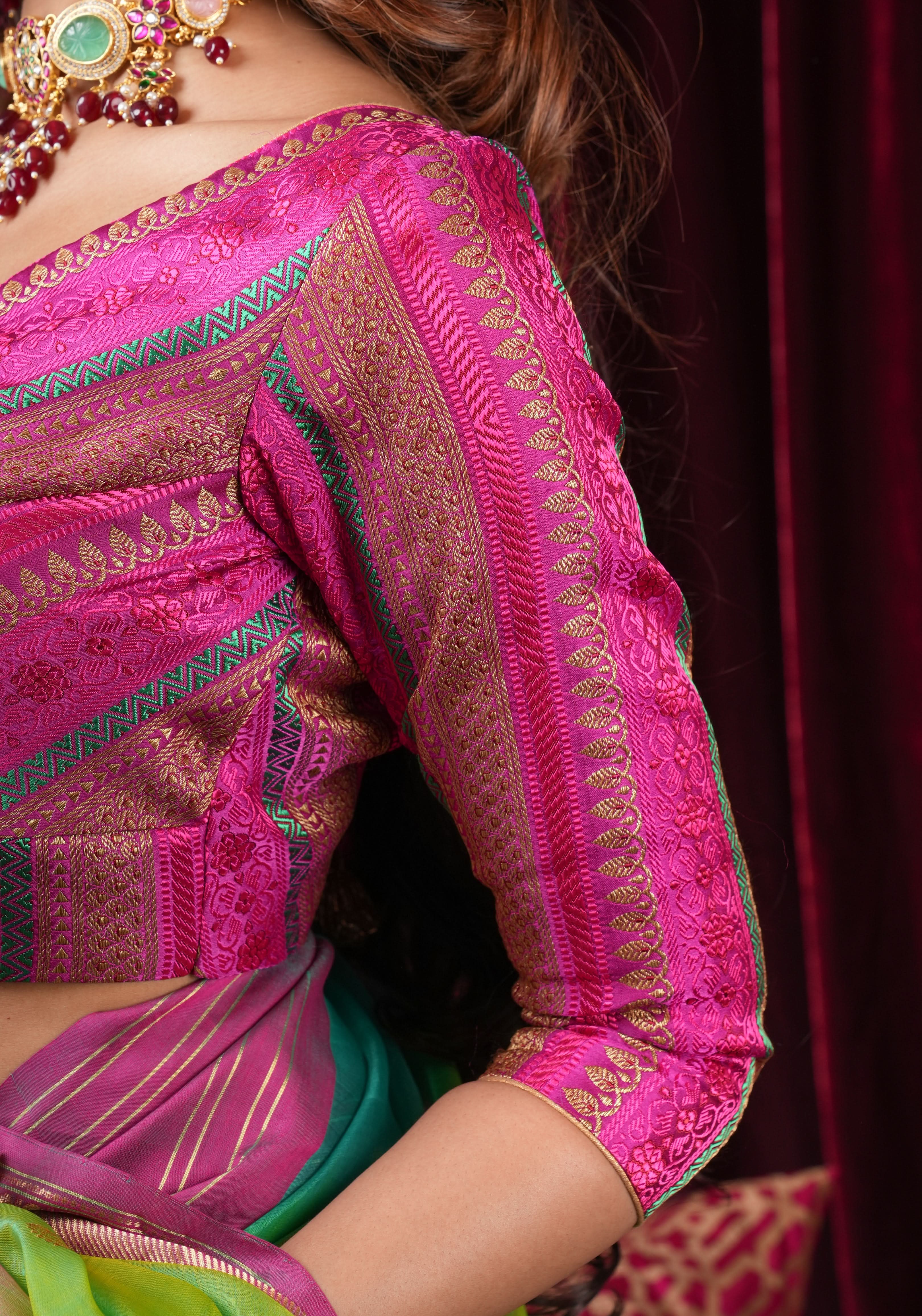 Rani Pink with Multicolor Striped Brocade Banarasi Blouse with V neck, Made to Order | Shobitam