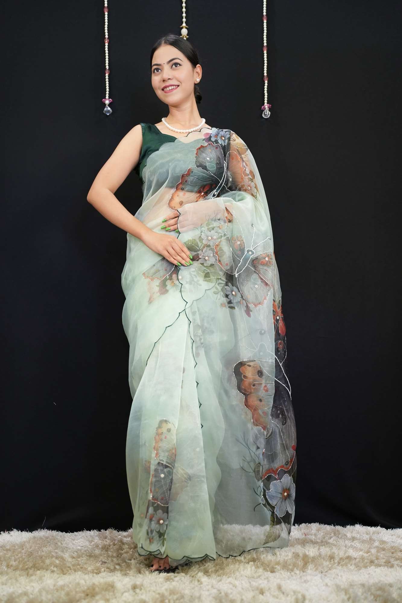 Beautiful Artistic & Butterfly Printed With Scalloped Border And Sequin Embellished Ready To Wear Saree