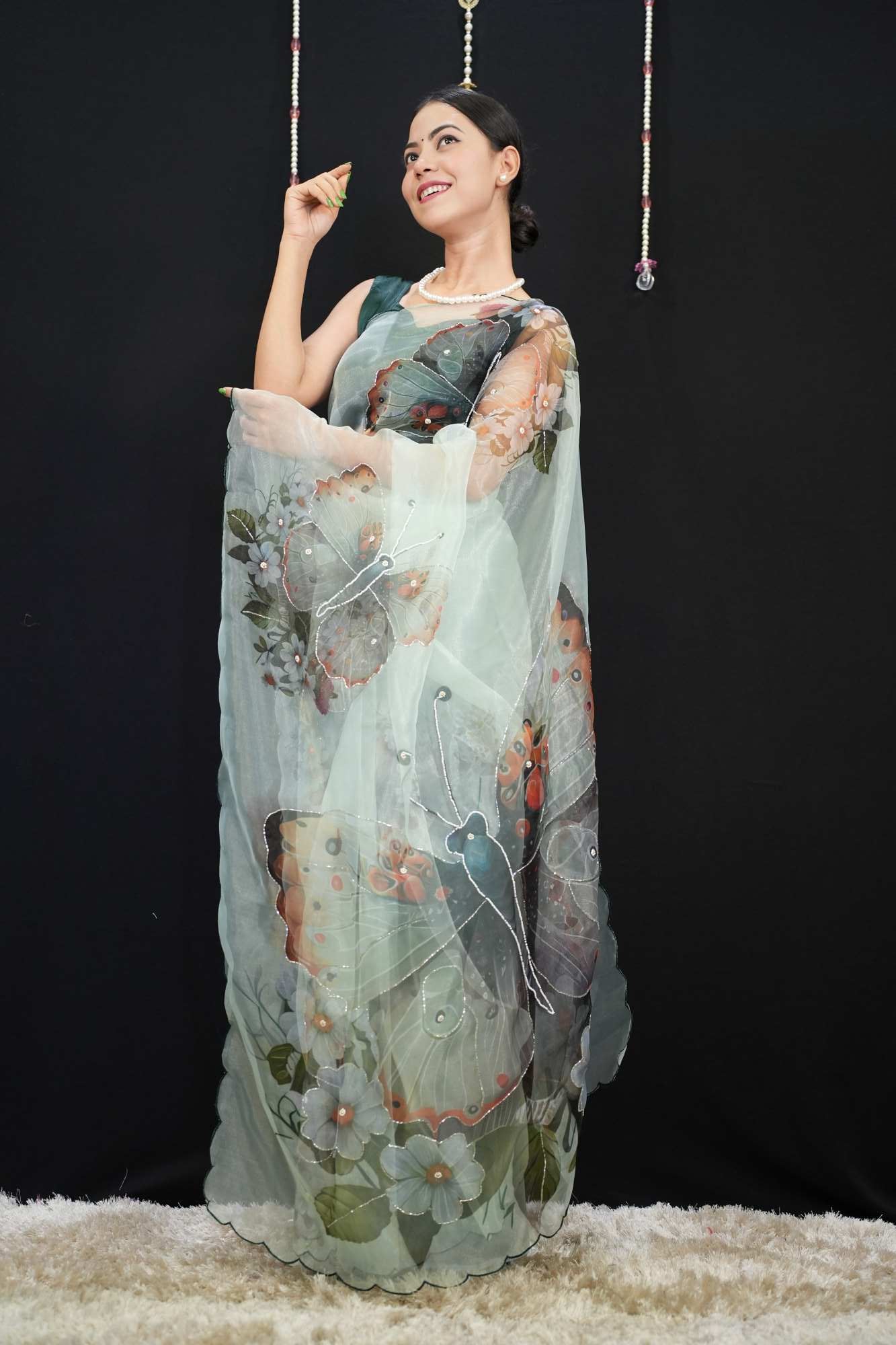 Beautiful Artistic & Butterfly Printed With Scalloped Border And Sequin Embellished Ready To Wear Saree