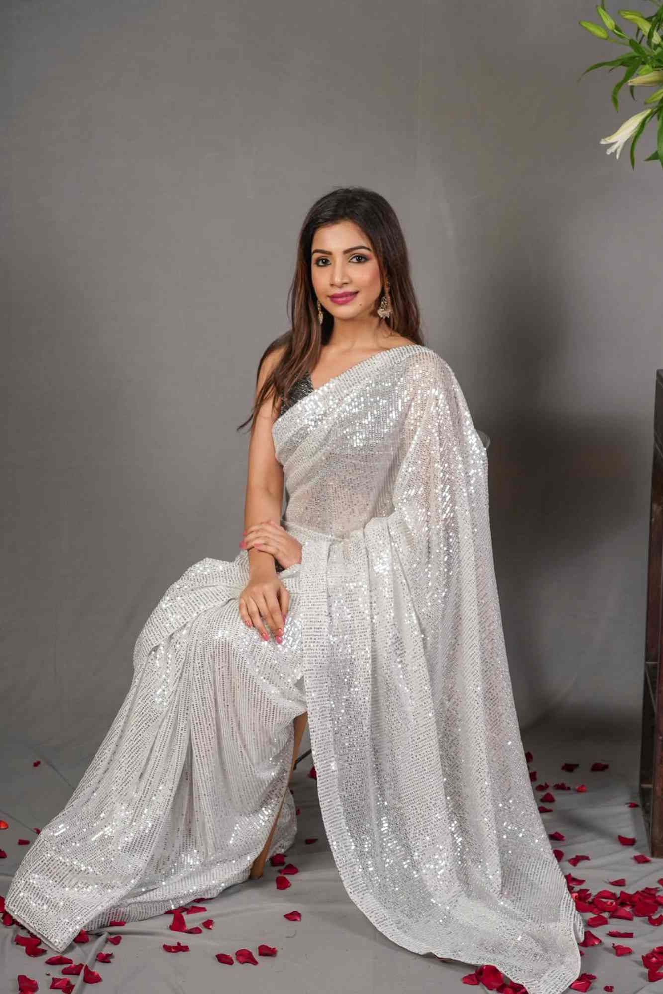 Sequin on net Saree in White | Sarees By Shobitam Ready To Wear Saree