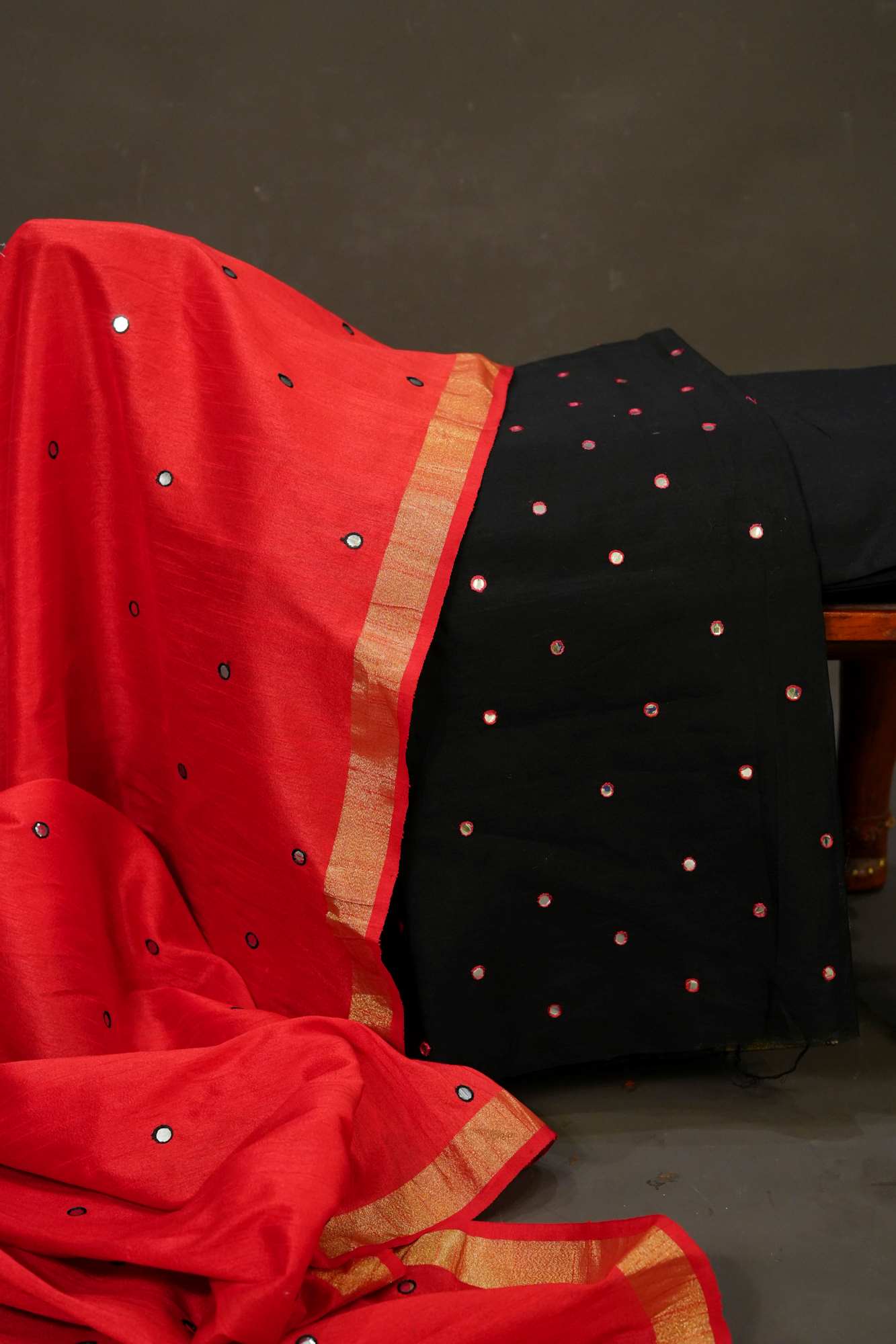 Red and black chanderi cotton mirror work kurta with beautiful dupatta fabric (CUSTOM STITCHING AVAILABLE)