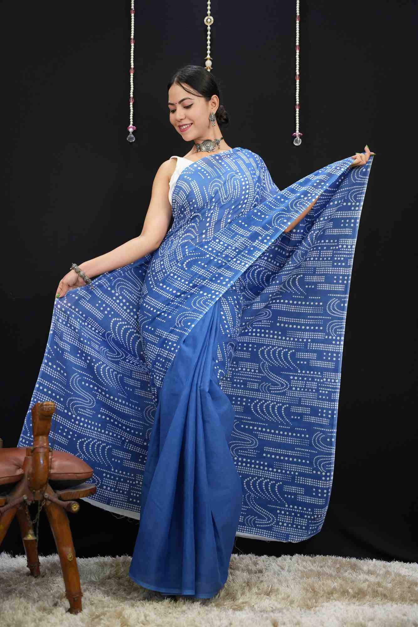 Jaipuri Mulmul Cotton With Handicrafted Blue Ikat  Block Printed  Wrap in 1 minute saree