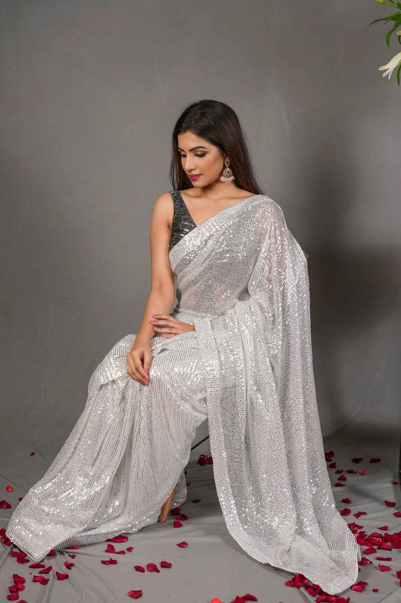 Sequin on net Saree in White | Sarees By Shobitam Ready To Wear Saree