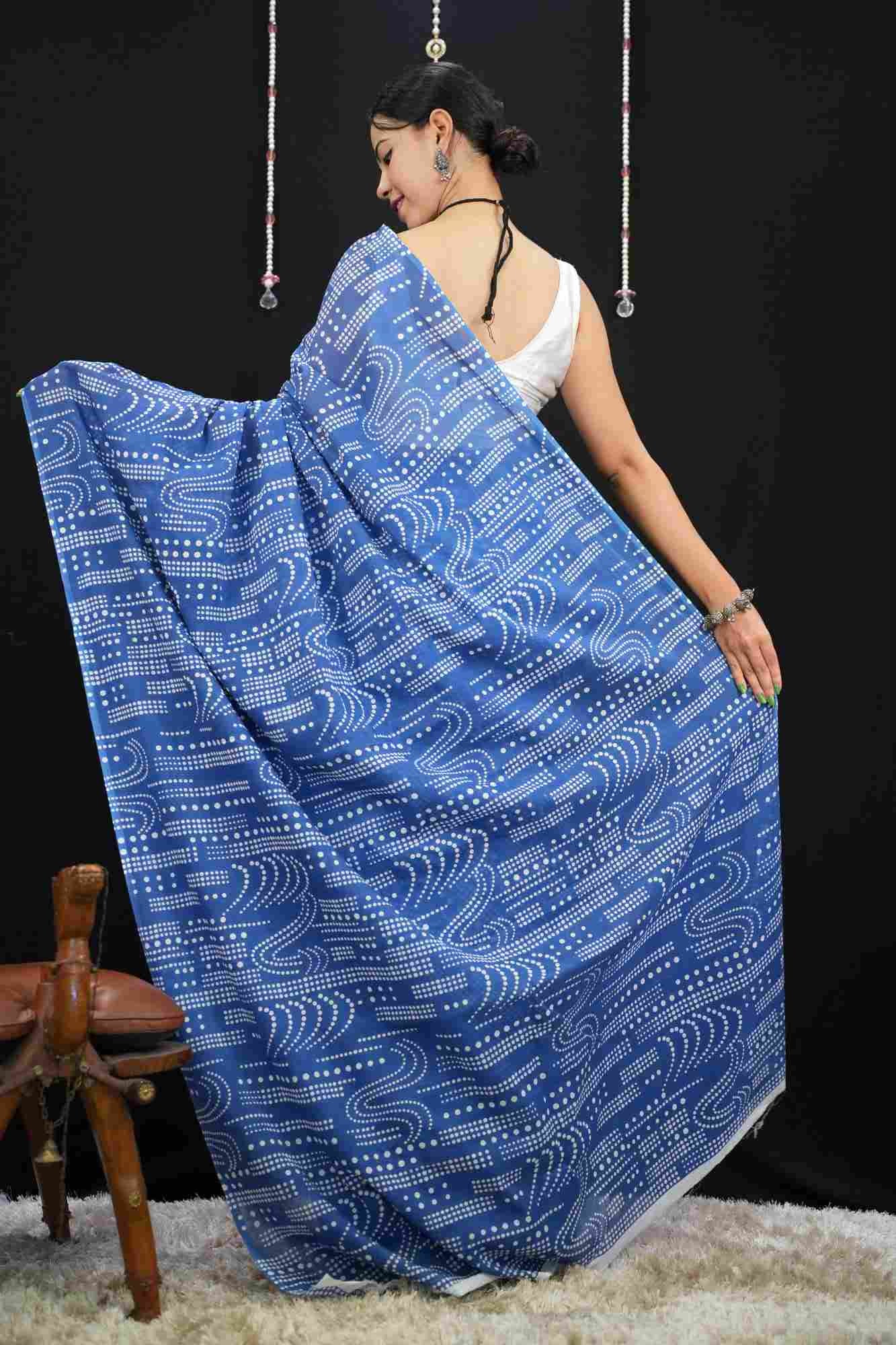 Jaipuri Mulmul Cotton With Handicrafted Blue Ikat  Block Printed  Wrap in 1 minute saree