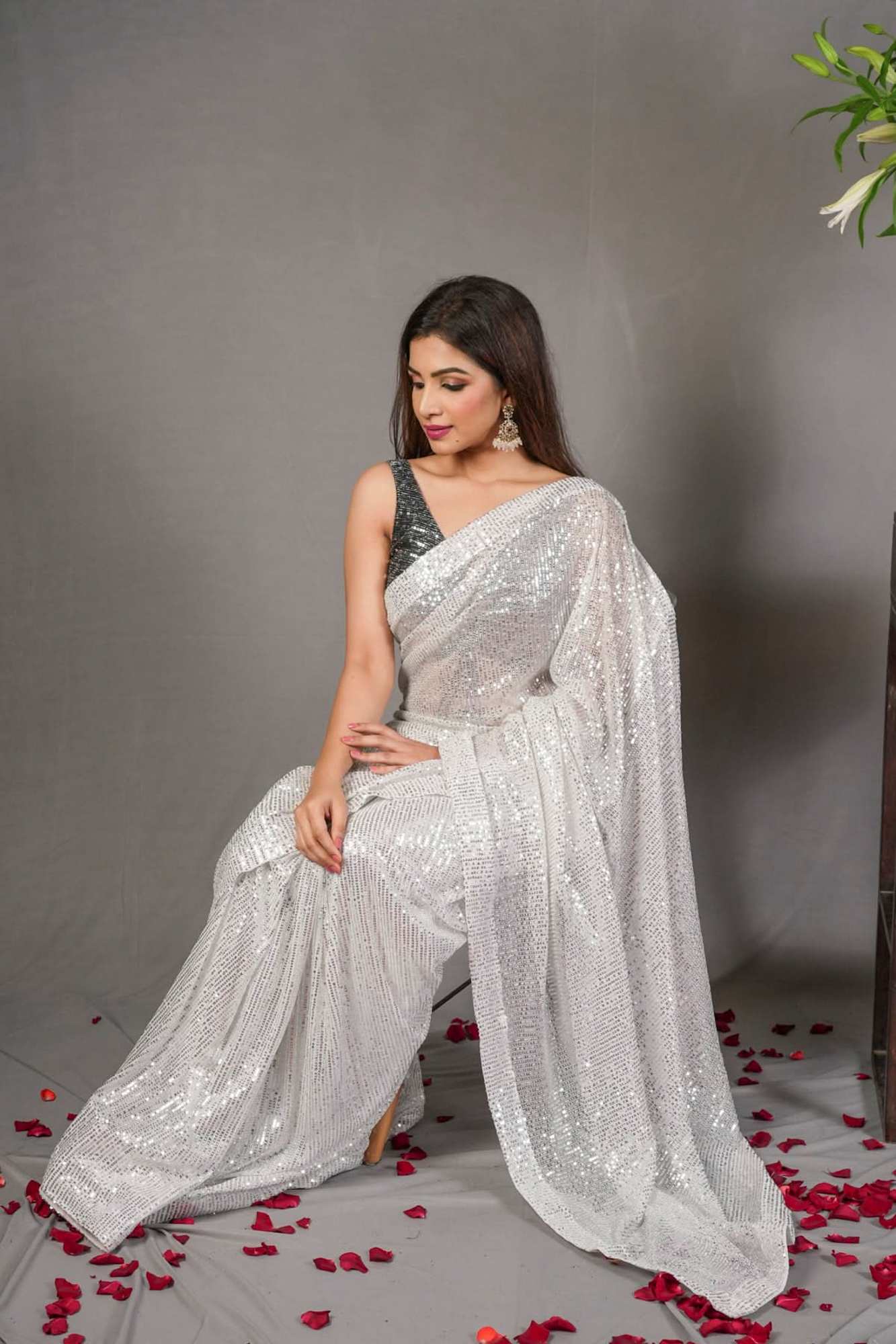 Sequin on net Saree in White | Sarees By Shobitam Ready To Wear Saree
