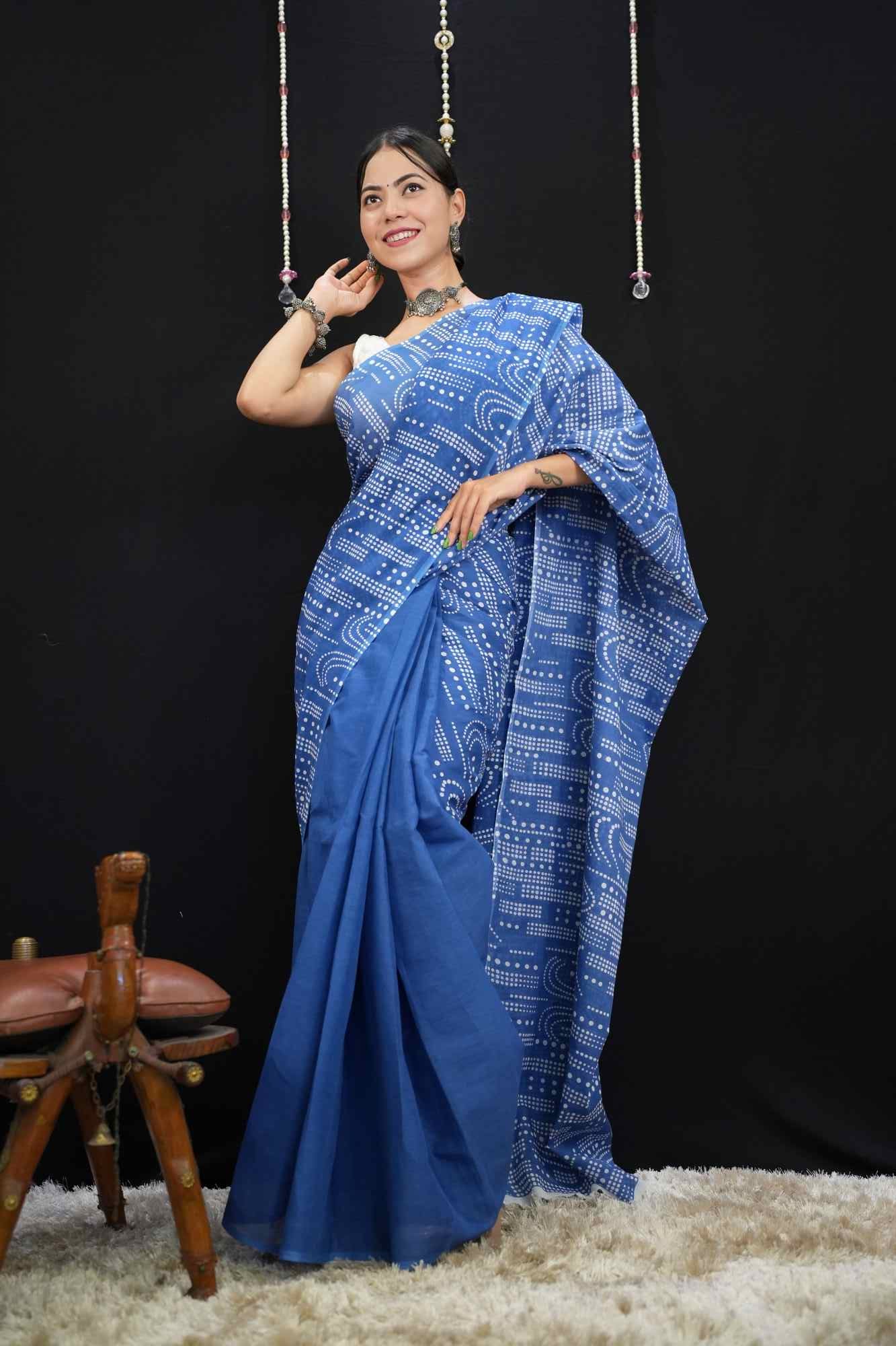 Jaipuri Mulmul Cotton With Handicrafted Blue Ikat  Block Printed  Wrap in 1 minute saree