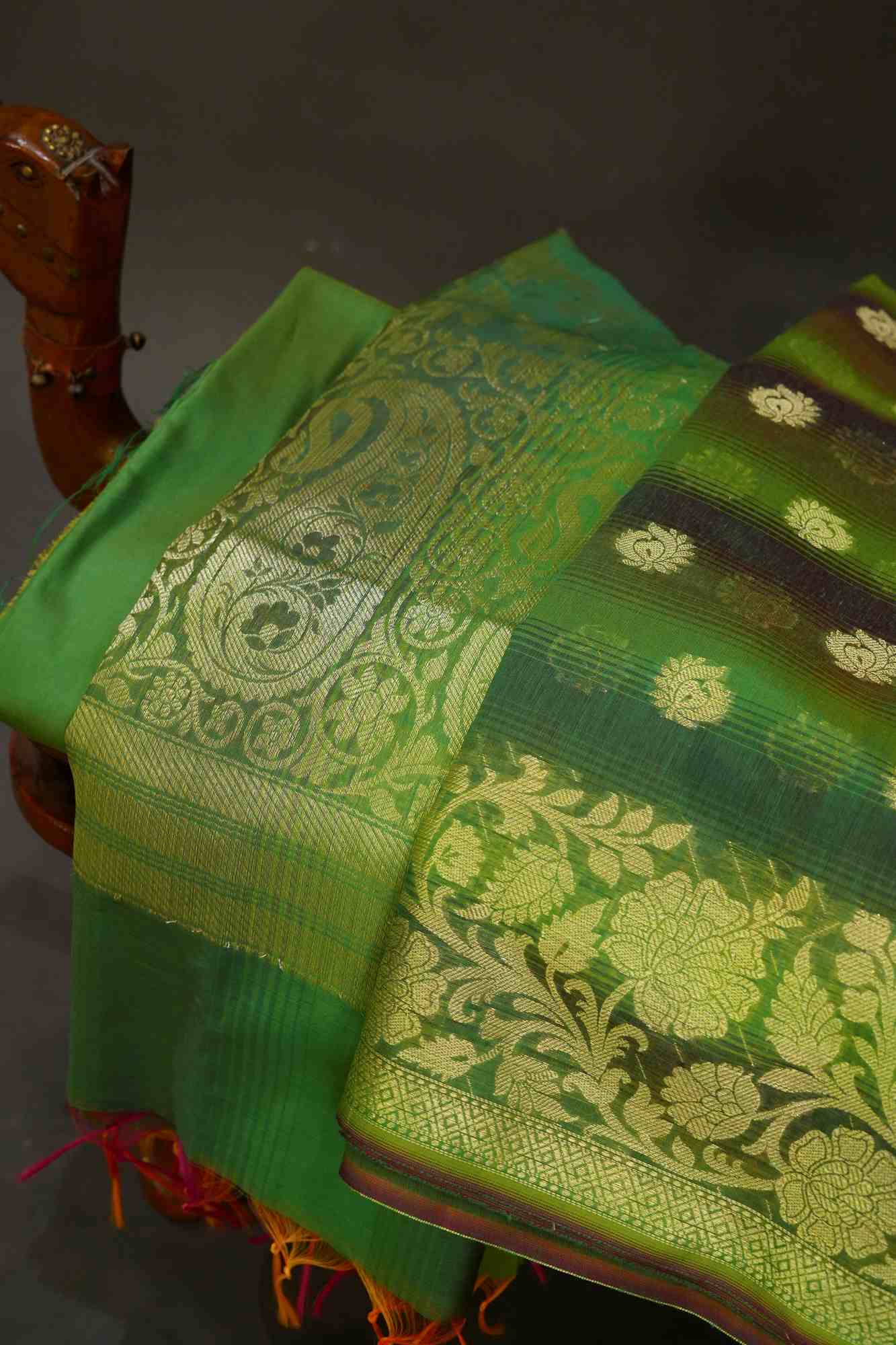 Green Zari Woven Buti Chanderi Cotton  Salwar Kameez with Dupatta fabric (CUSTOM STITCHING AVAILABLE)