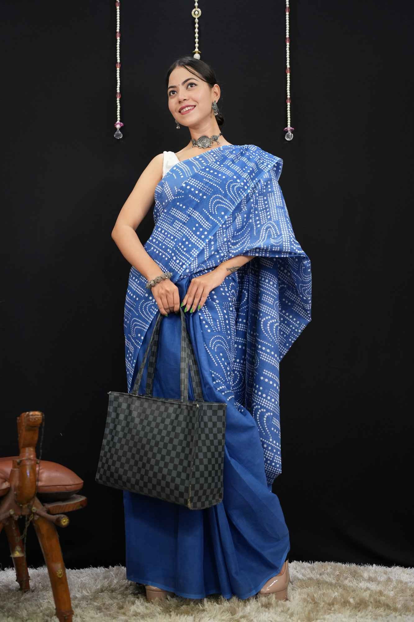 Jaipuri Mulmul Cotton With Handicrafted Blue Ikat  Block Printed  Wrap in 1 minute saree