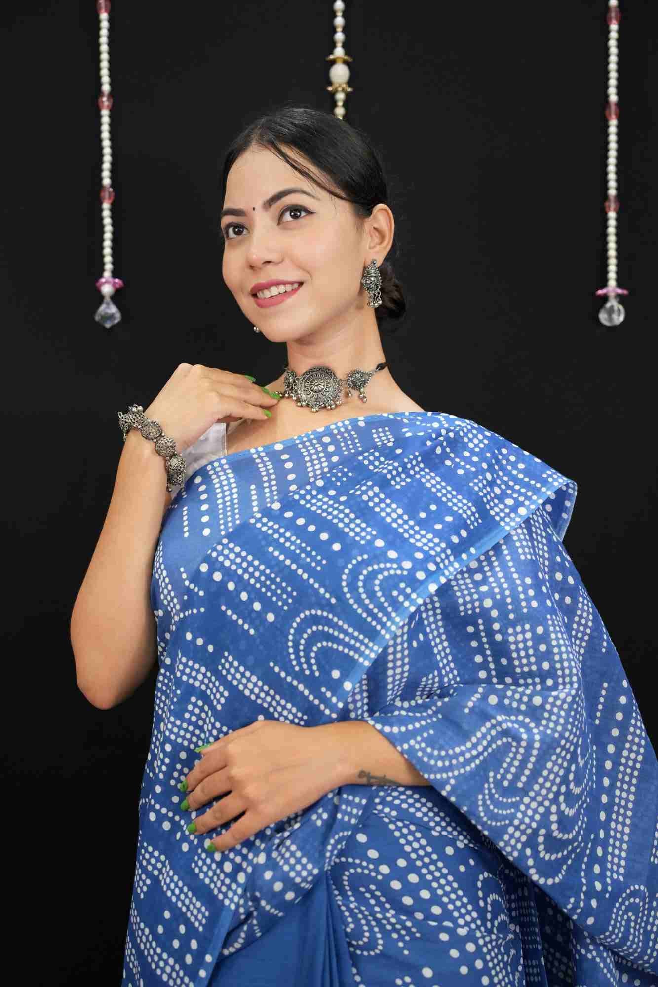 Jaipuri Mulmul Cotton With Handicrafted Blue Ikat  Block Printed  Wrap in 1 minute saree