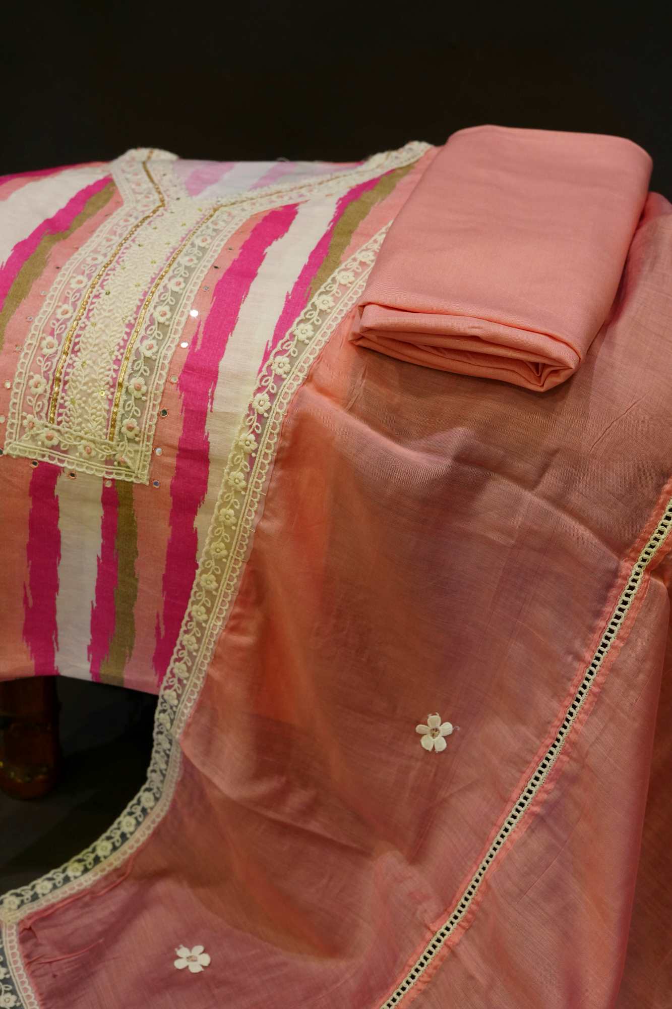 Pure Cotton Beautiful Peach  With Thread Detailing With Mirror work salwar Suit Fabric  (CUSTOM STITCHING AVAILABLE)