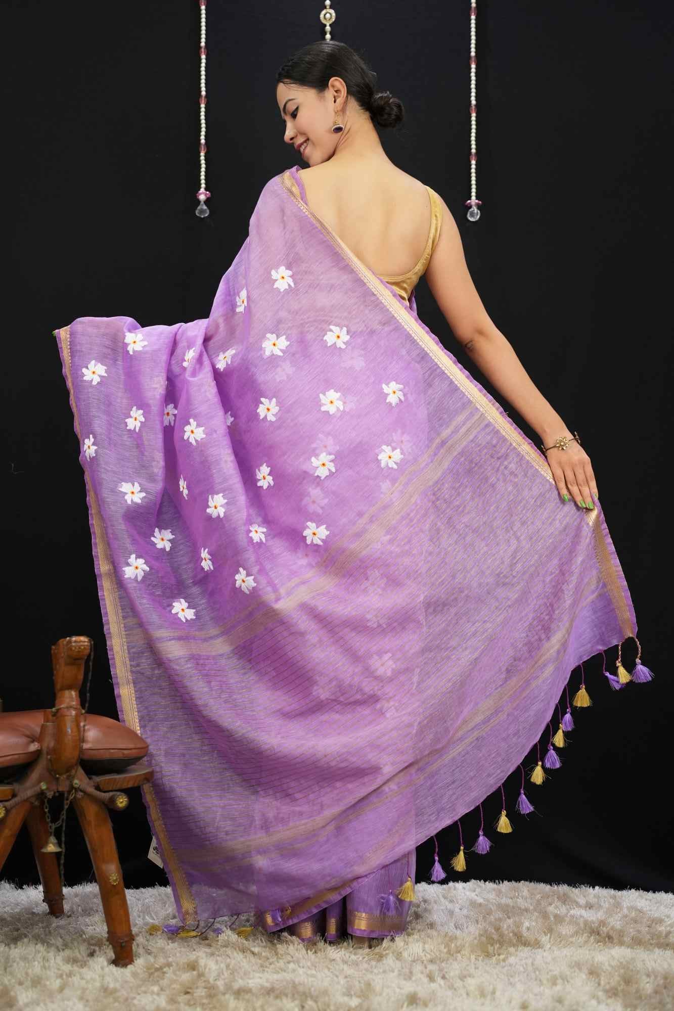 Purple Parijaat Floral Embroidery With Tassel On Pallu & Bordered Wrap In One Minute Saree