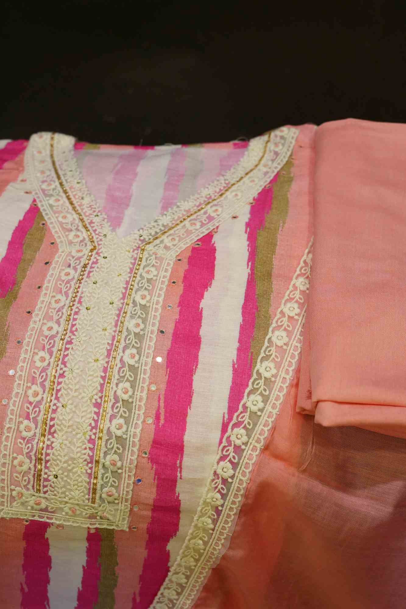 Pure Cotton Beautiful Peach  With Thread Detailing With Mirror work salwar Suit Fabric  (CUSTOM STITCHING AVAILABLE)