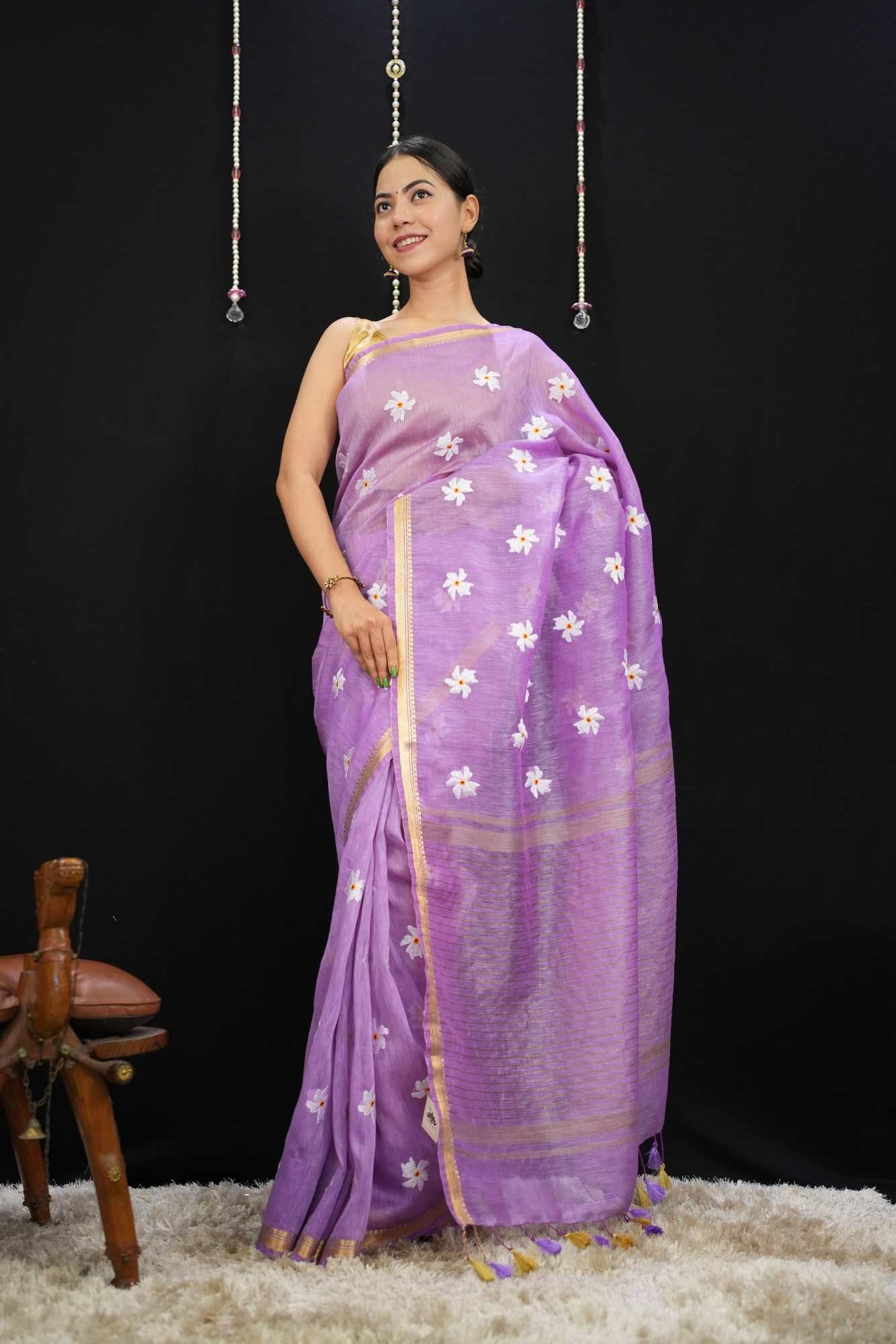 Purple Parijaat Floral Embroidery With Tassel On Pallu & Bordered Wrap In One Minute Saree