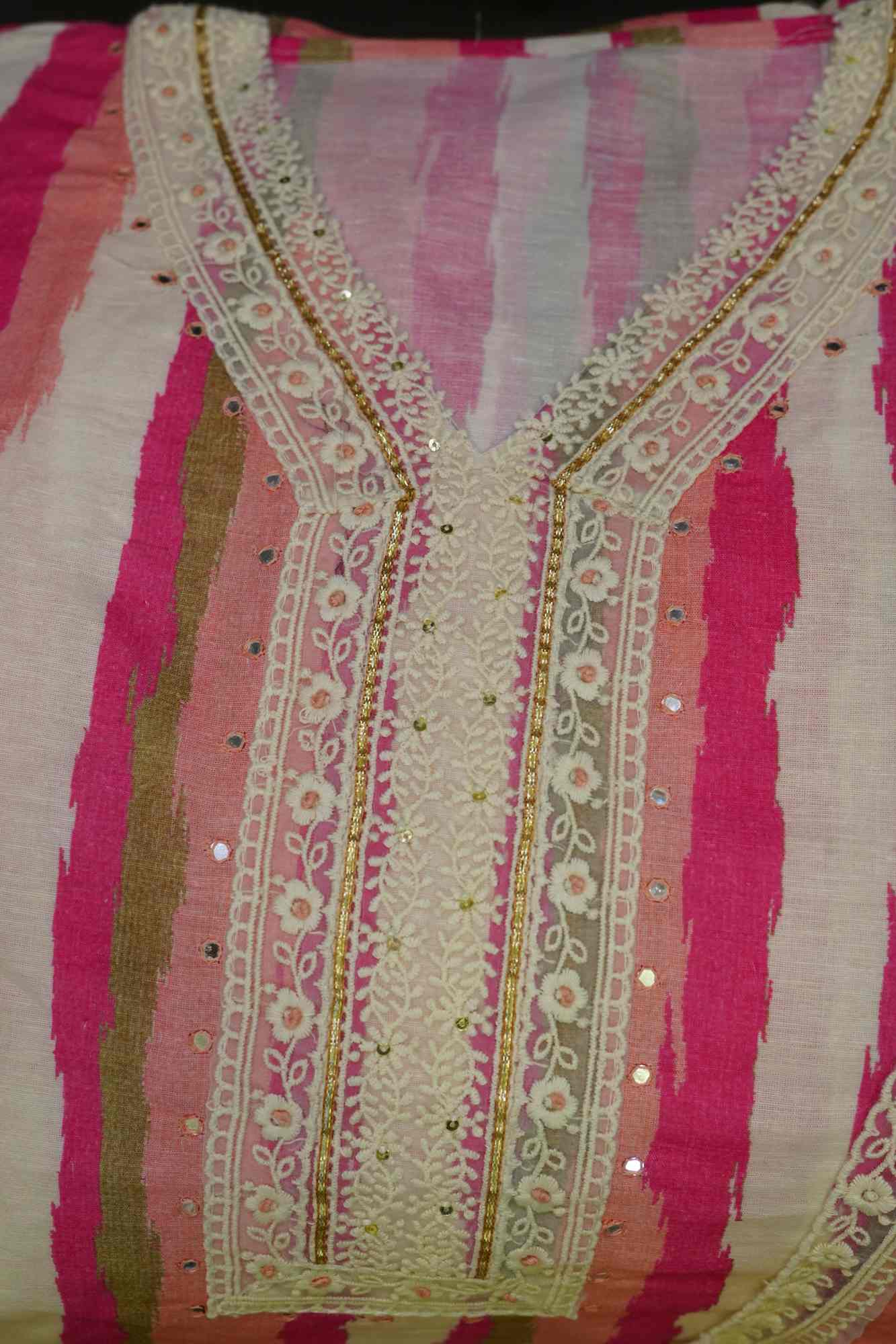 Pure Cotton Beautiful Peach  With Thread Detailing With Mirror work salwar Suit Fabric  (CUSTOM STITCHING AVAILABLE)