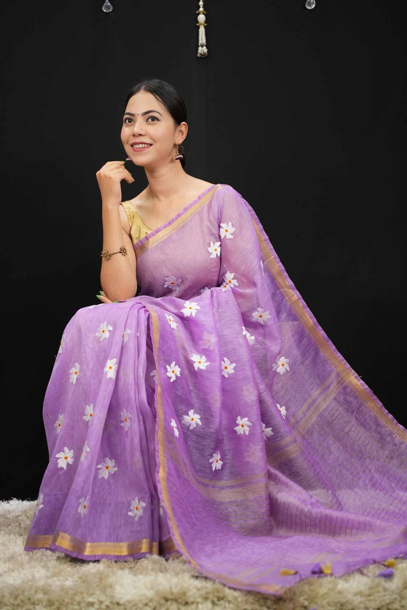 Purple Parijaat Floral Embroidery With Tassel On Pallu & Bordered Wrap In One Minute Saree