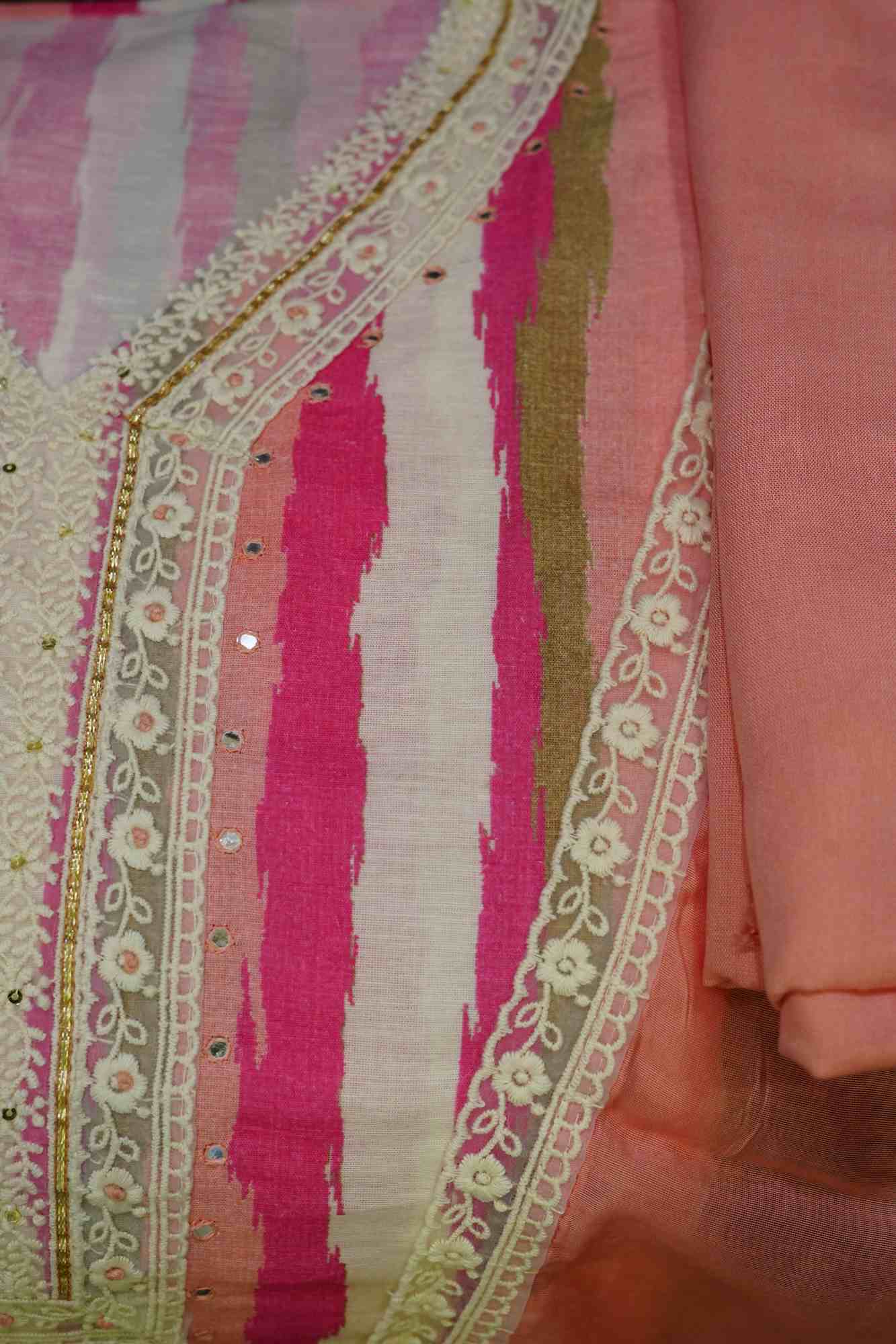 Pure Cotton Beautiful Peach  With Thread Detailing With Mirror work salwar Suit Fabric  (CUSTOM STITCHING AVAILABLE)