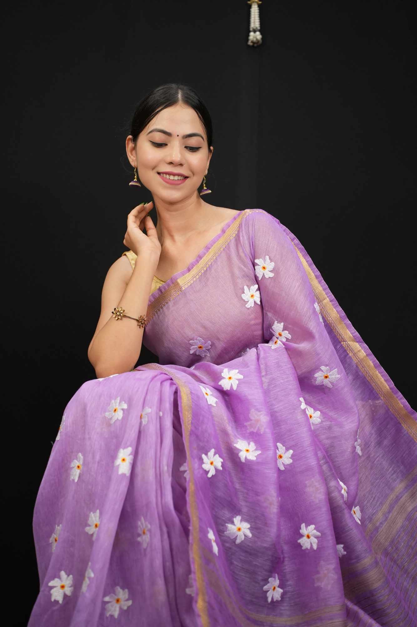 Purple Parijaat Floral Embroidery With Tassel On Pallu & Bordered Wrap In One Minute Saree