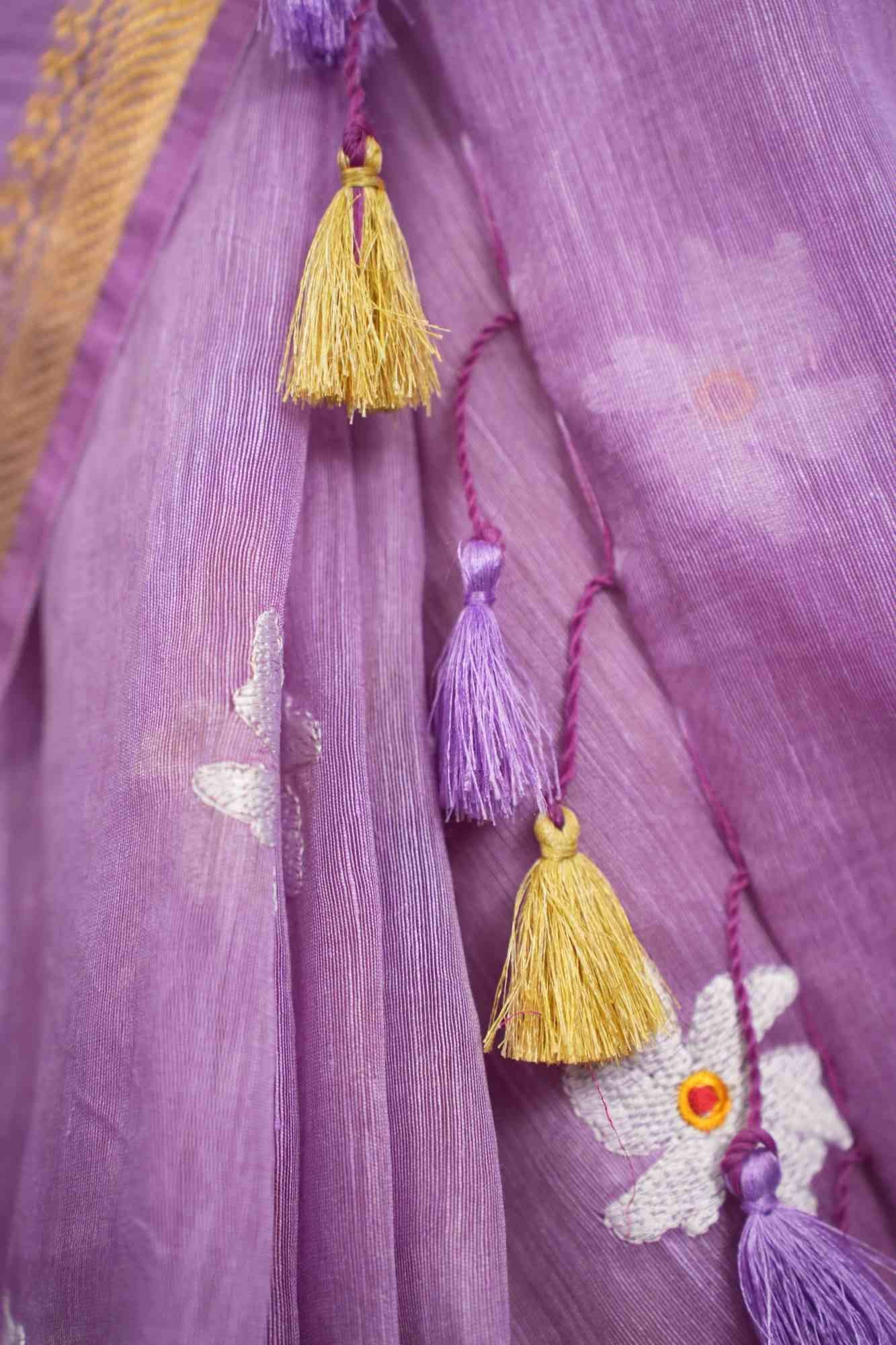 Purple Parijaat Floral Embroidery With Tassel On Pallu & Bordered Wrap In One Minute Saree