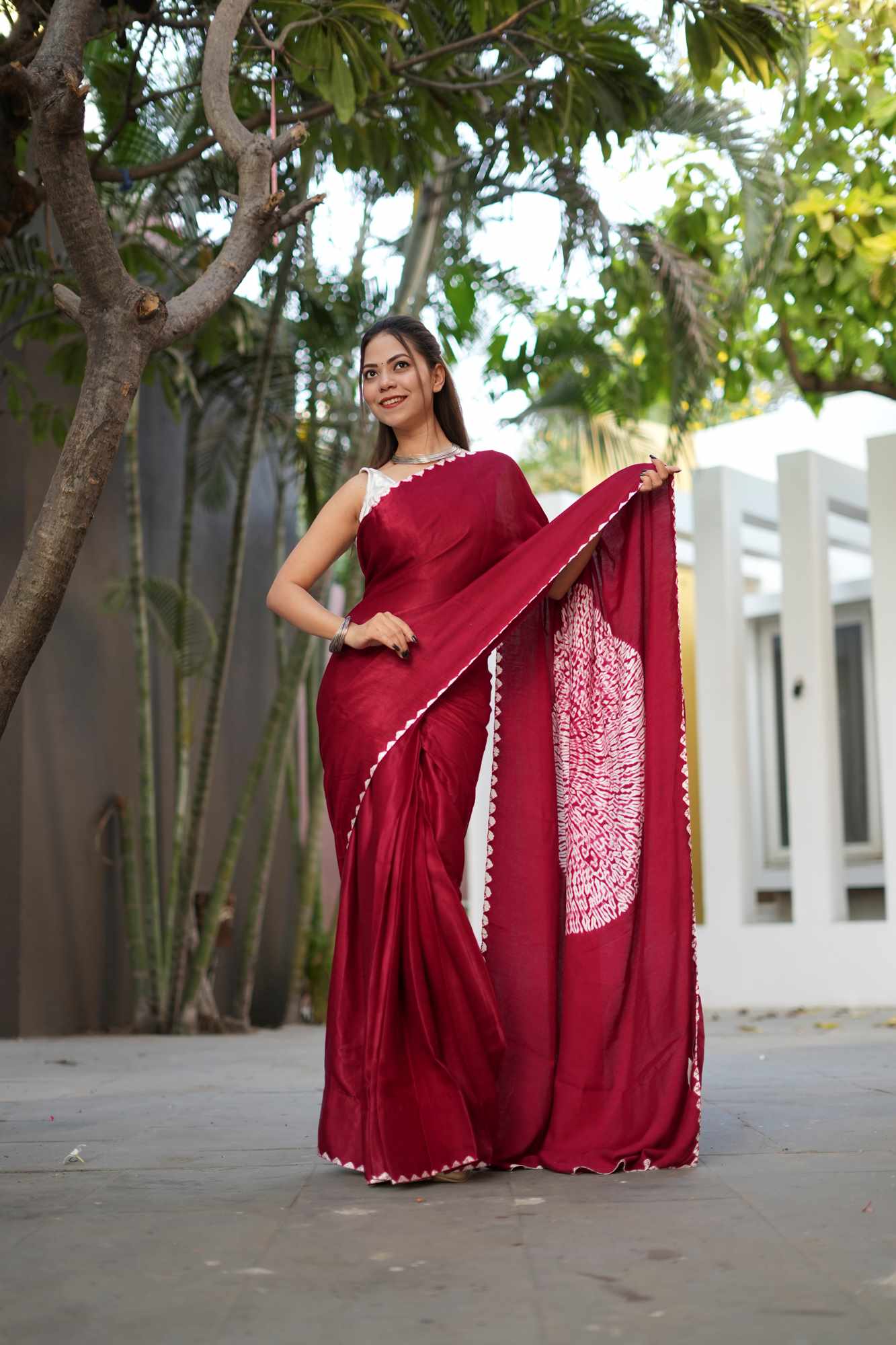 Pre drape Hand Shibori mandala Dye on Red Modal Silk ready to wear saree