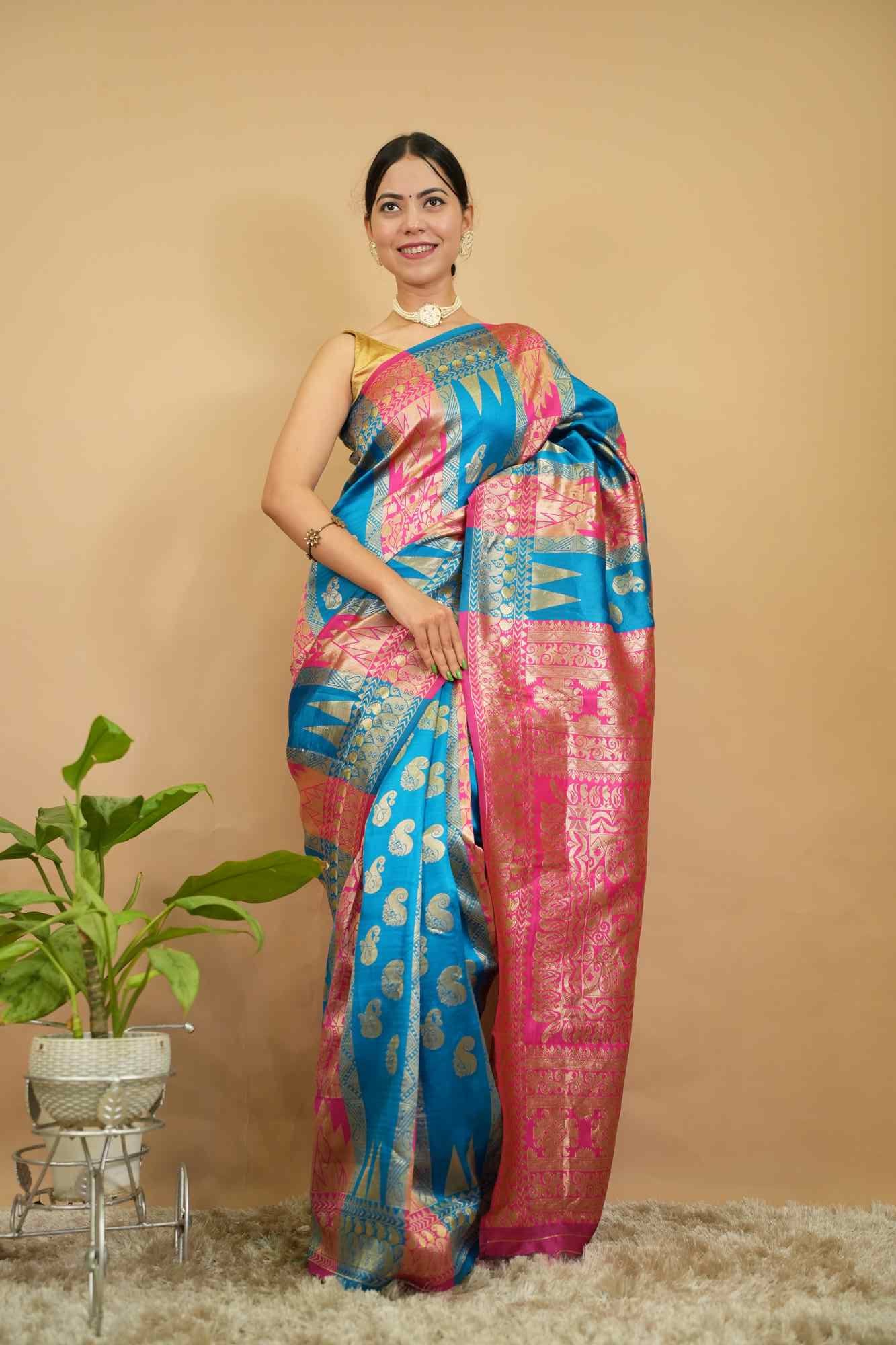 Banarasi Blue & Pink Ethnic Motifs With Designer Zari Border Wrap In 1 Minute Saree