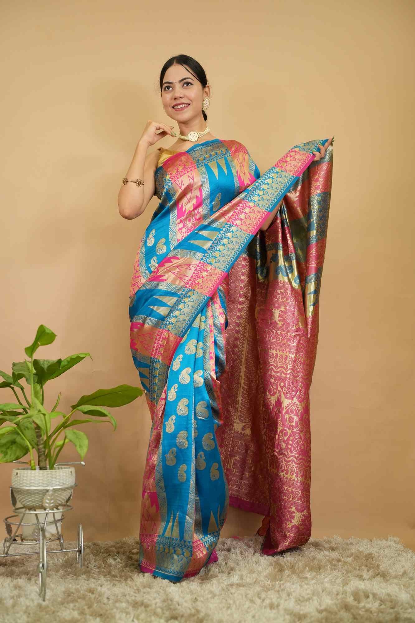 Banarasi Blue & Pink Ethnic Motifs With Designer Zari Border Wrap In 1 Minute Saree