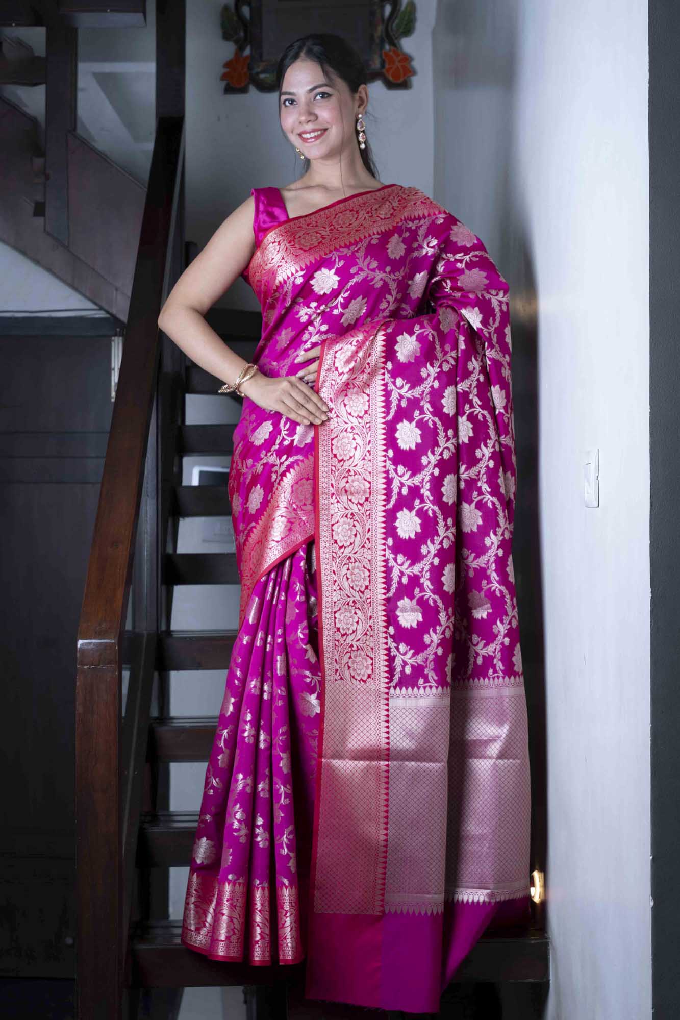 Banarasi Pink Semi Katan Silk Saree with All-Over Designer Zari Butta & Rich Brocade Pallu