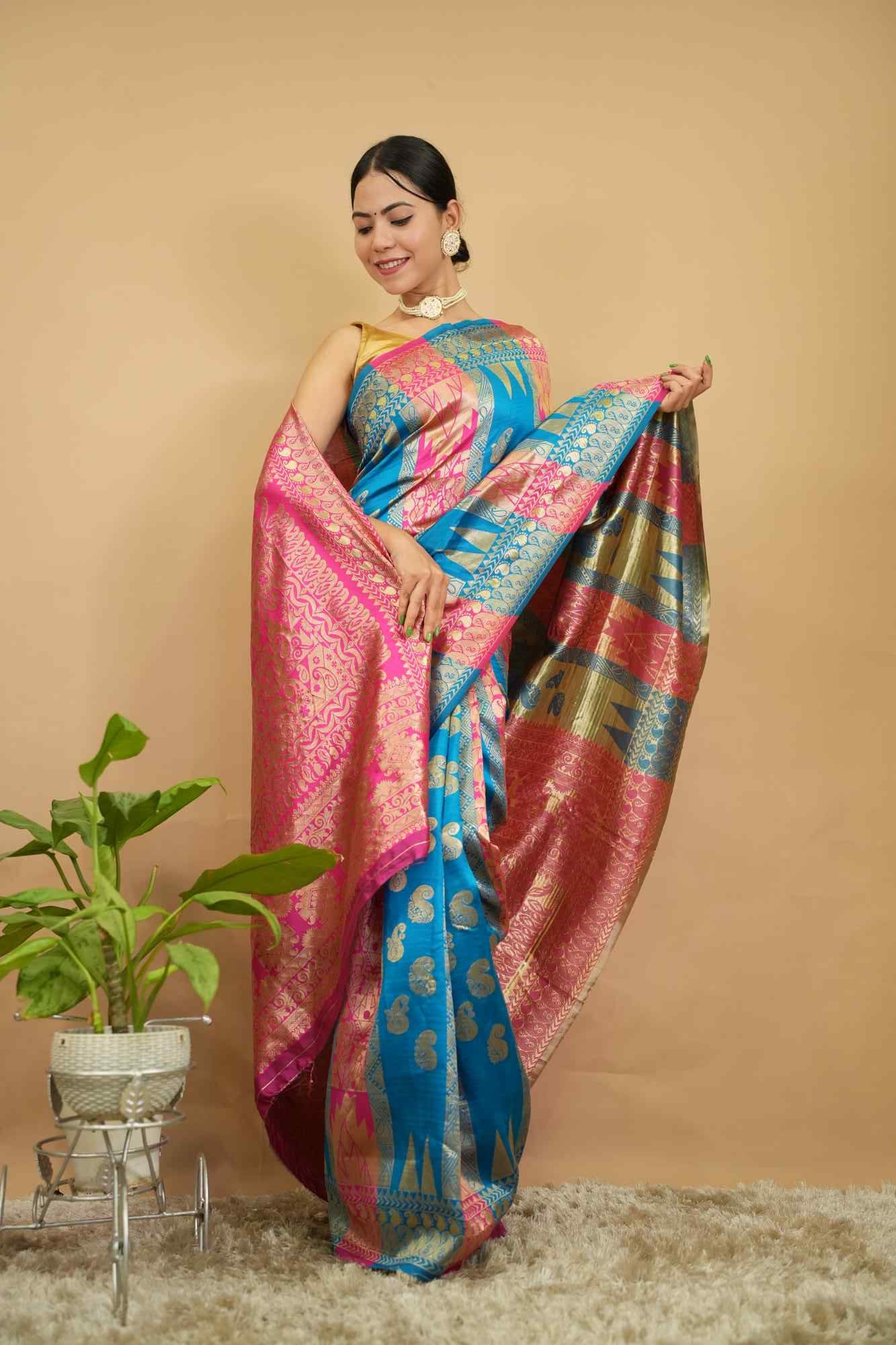 Banarasi Blue & Pink Ethnic Motifs With Designer Zari Border Wrap In 1 Minute Saree