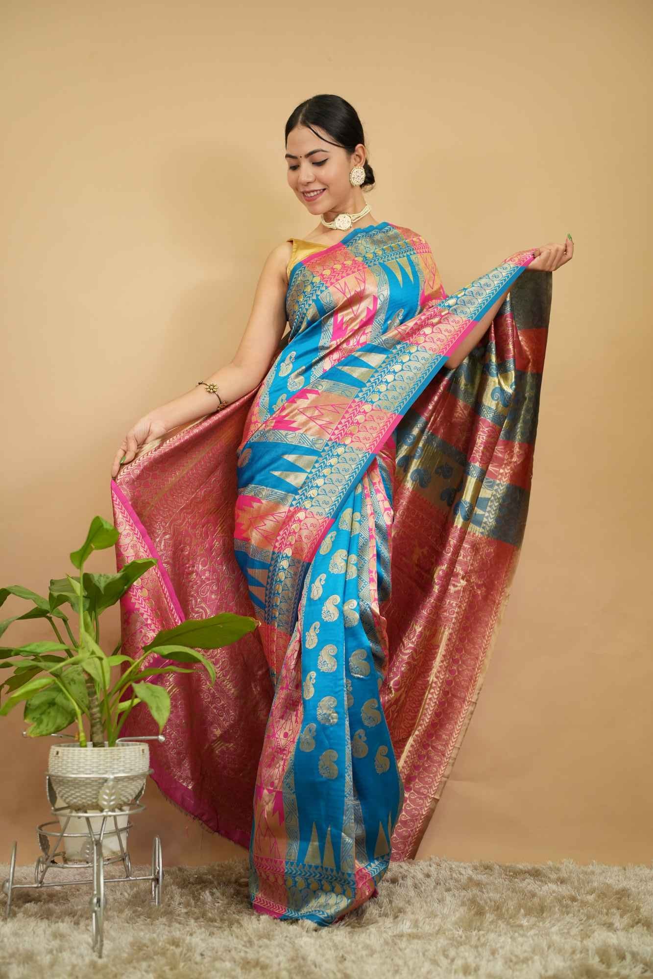 Banarasi Blue & Pink Ethnic Motifs With Designer Zari Border Wrap In 1 Minute Saree