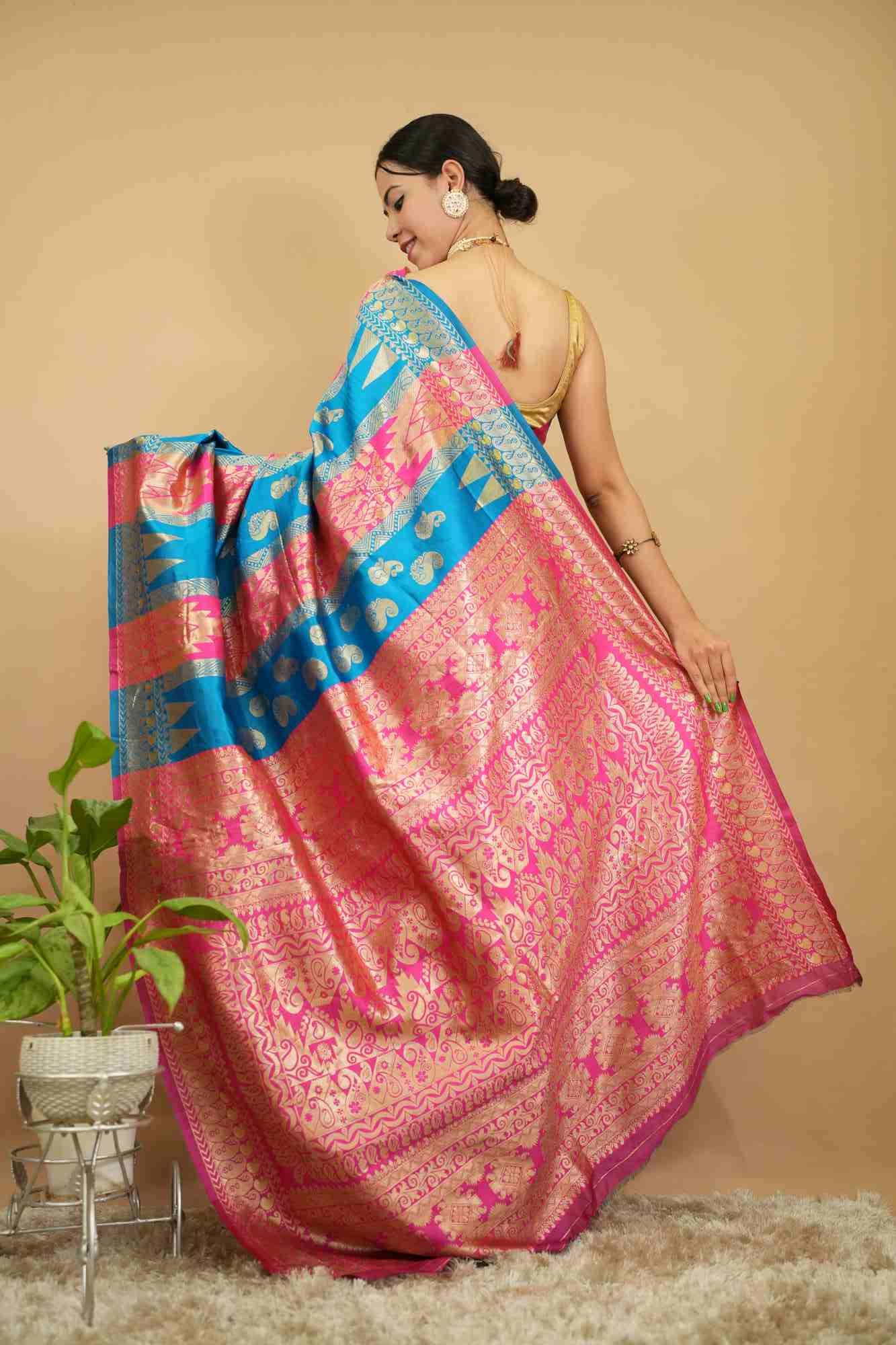 Banarasi Blue & Pink Ethnic Motifs With Designer Zari Border Wrap In 1 Minute Saree