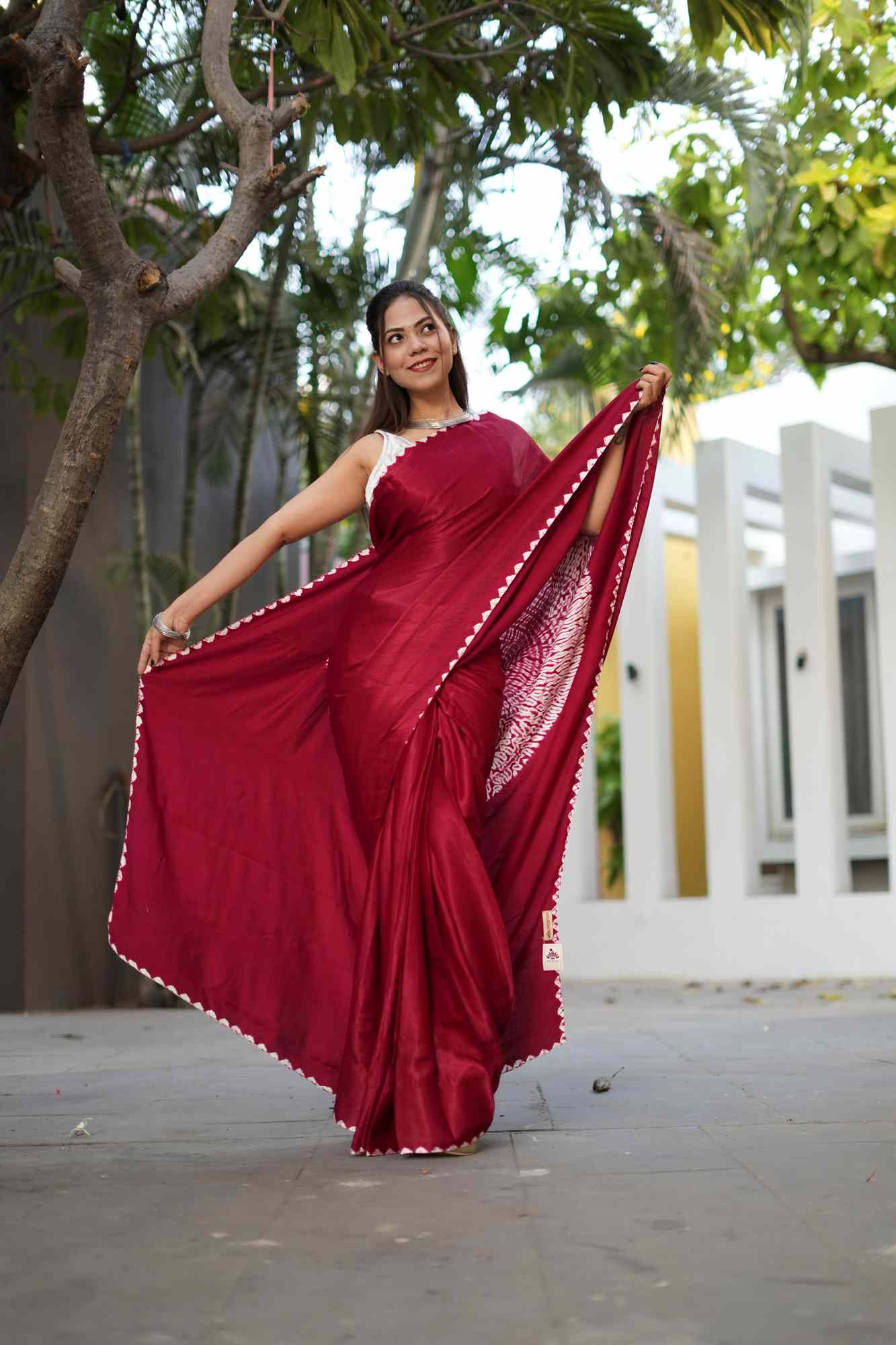 Pre drape Hand Shibori mandala Dye on Red Modal Silk ready to wear saree