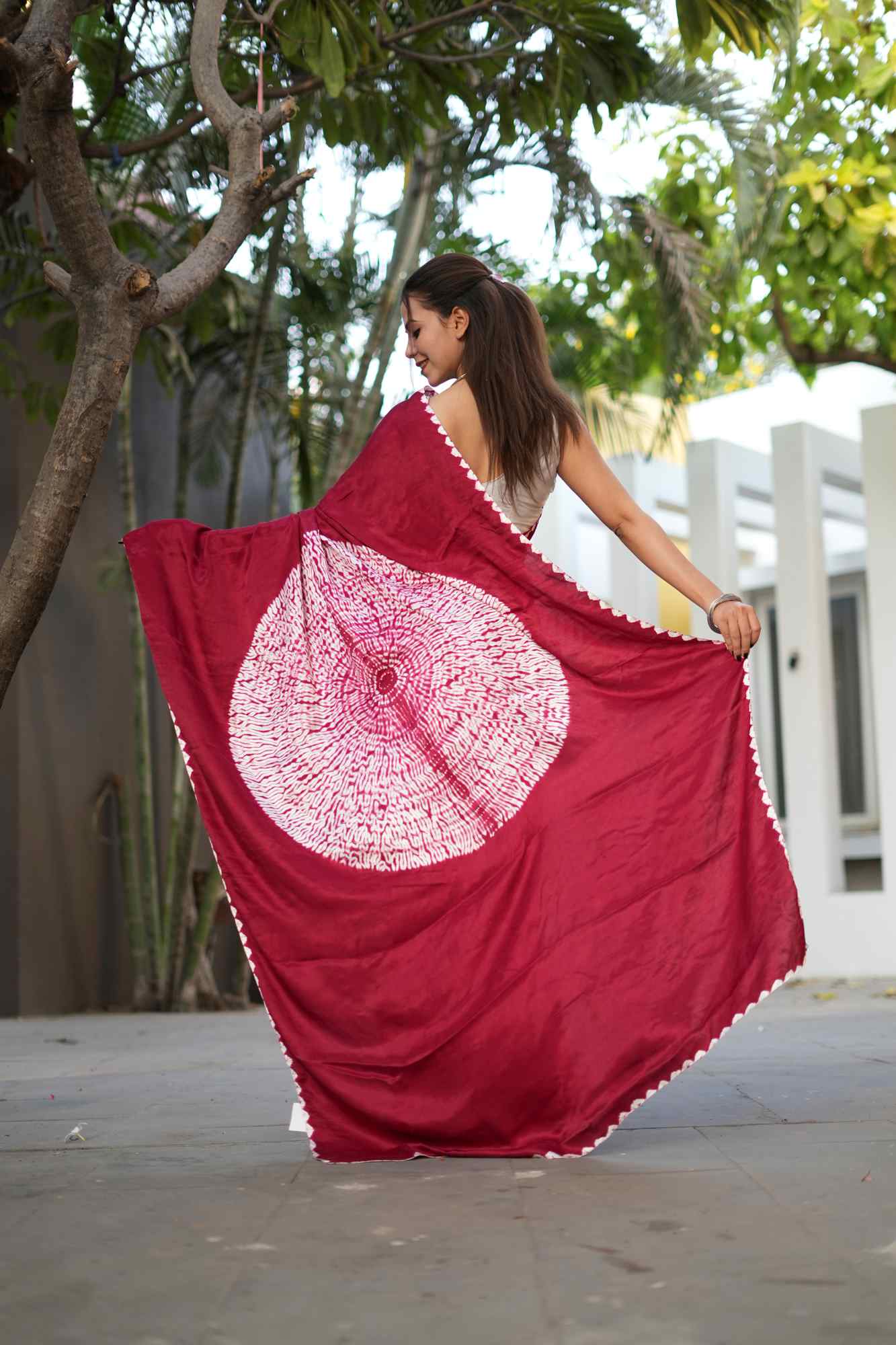 Pre drape Hand Shibori mandala Dye on Red Modal Silk ready to wear saree