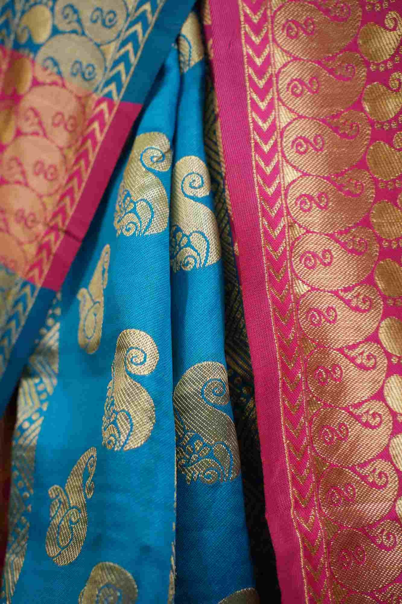 Banarasi Blue & Pink Ethnic Motifs With Designer Zari Border Wrap In 1 Minute Saree