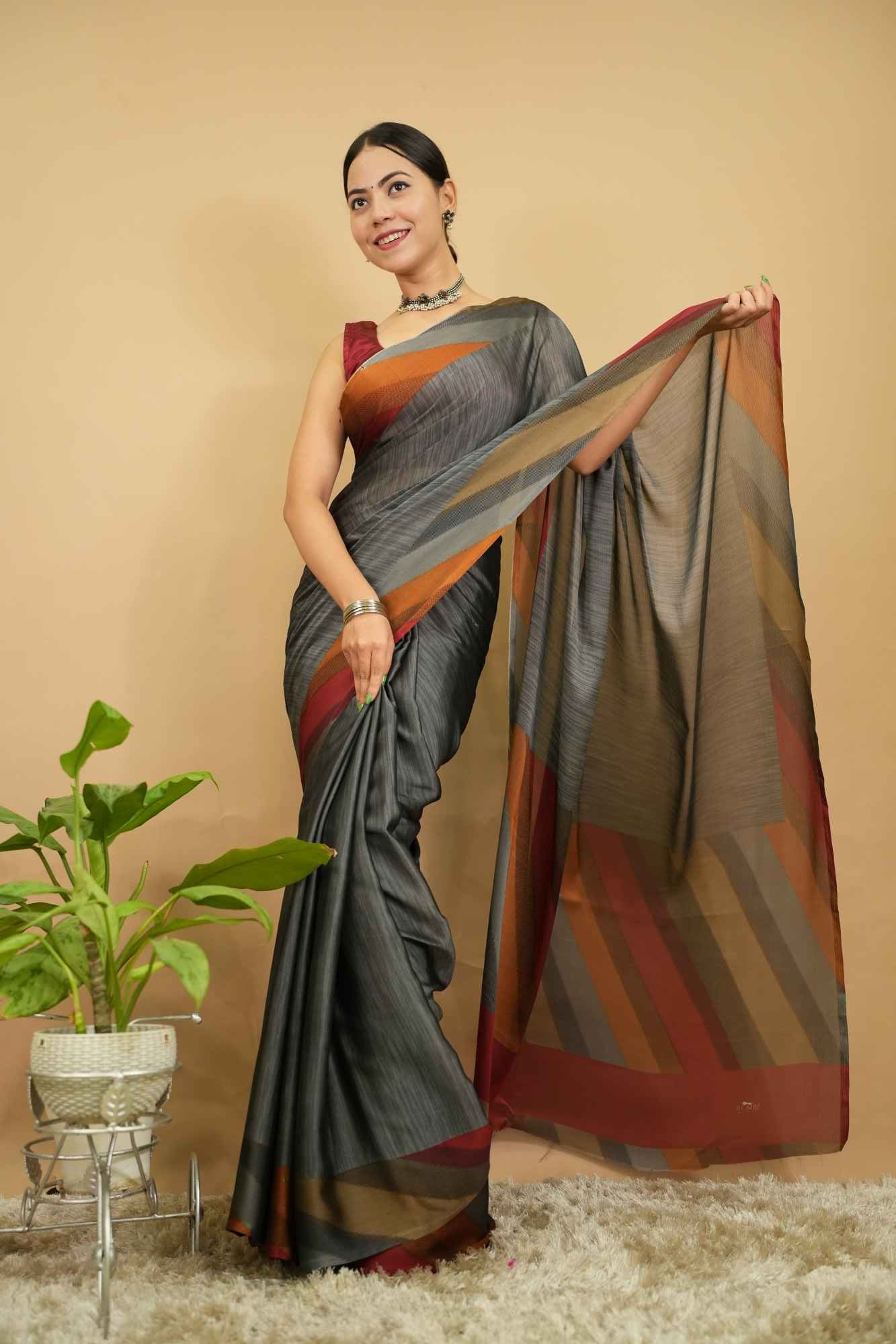 Stylish Soft Chiffon  With  Multi Striped  Printed Border Wrap in 1 minute saree