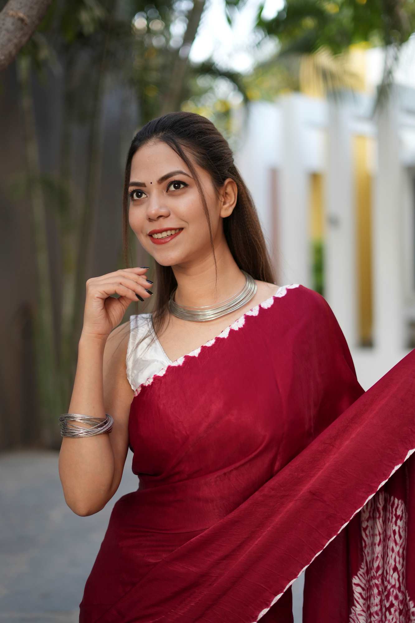 Pre drape Hand Shibori mandala Dye on Red Modal Silk ready to wear saree