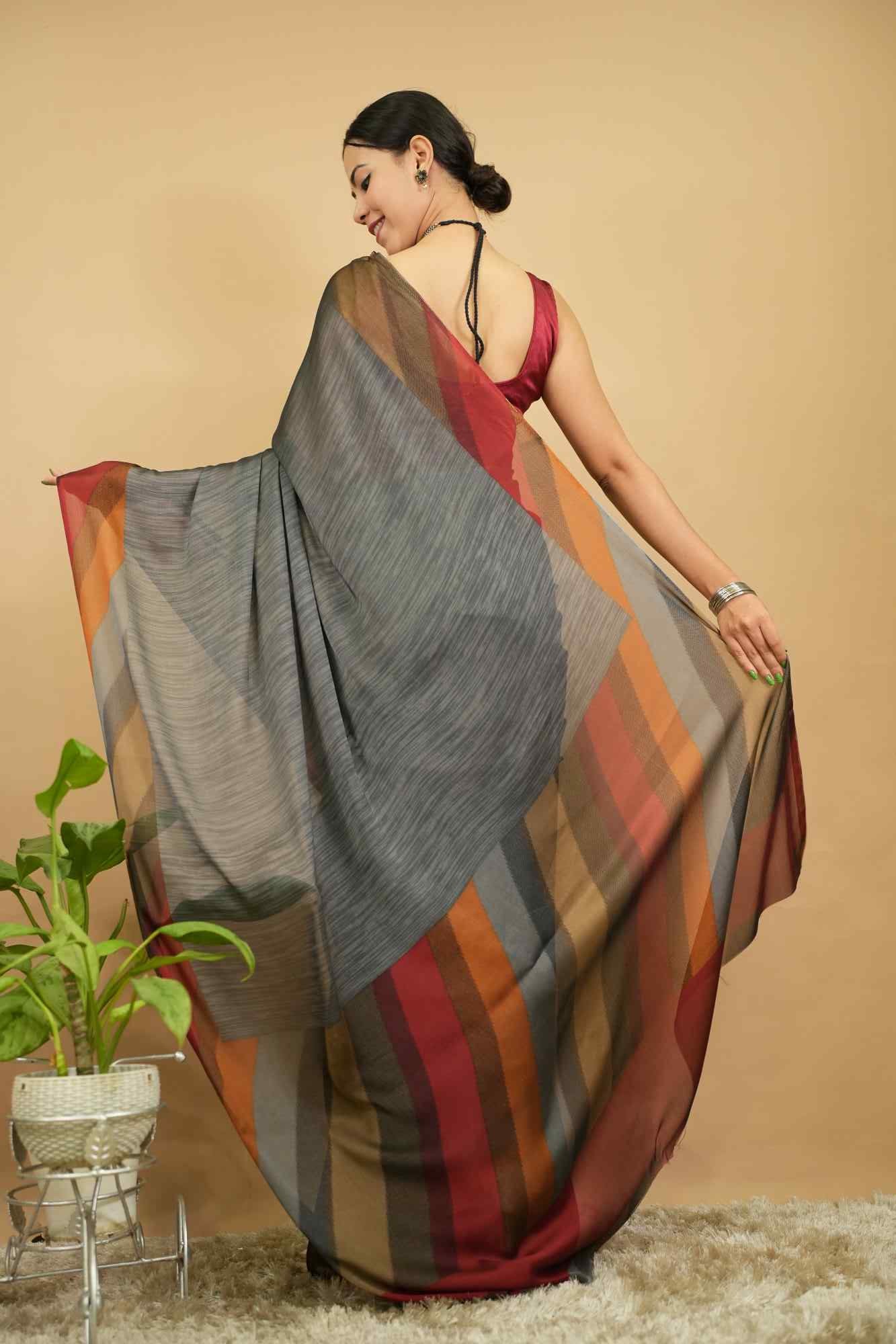 Stylish Soft Chiffon  With  Multi Striped  Printed Border Wrap in 1 minute saree