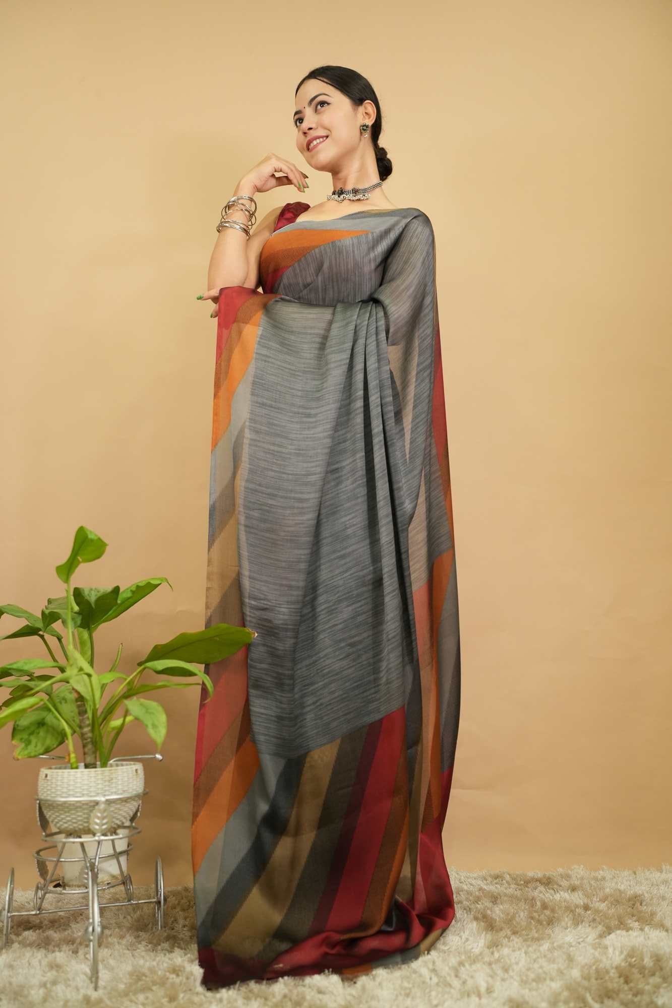 Stylish Soft Chiffon  With  Multi Striped  Printed Border Wrap in 1 minute saree