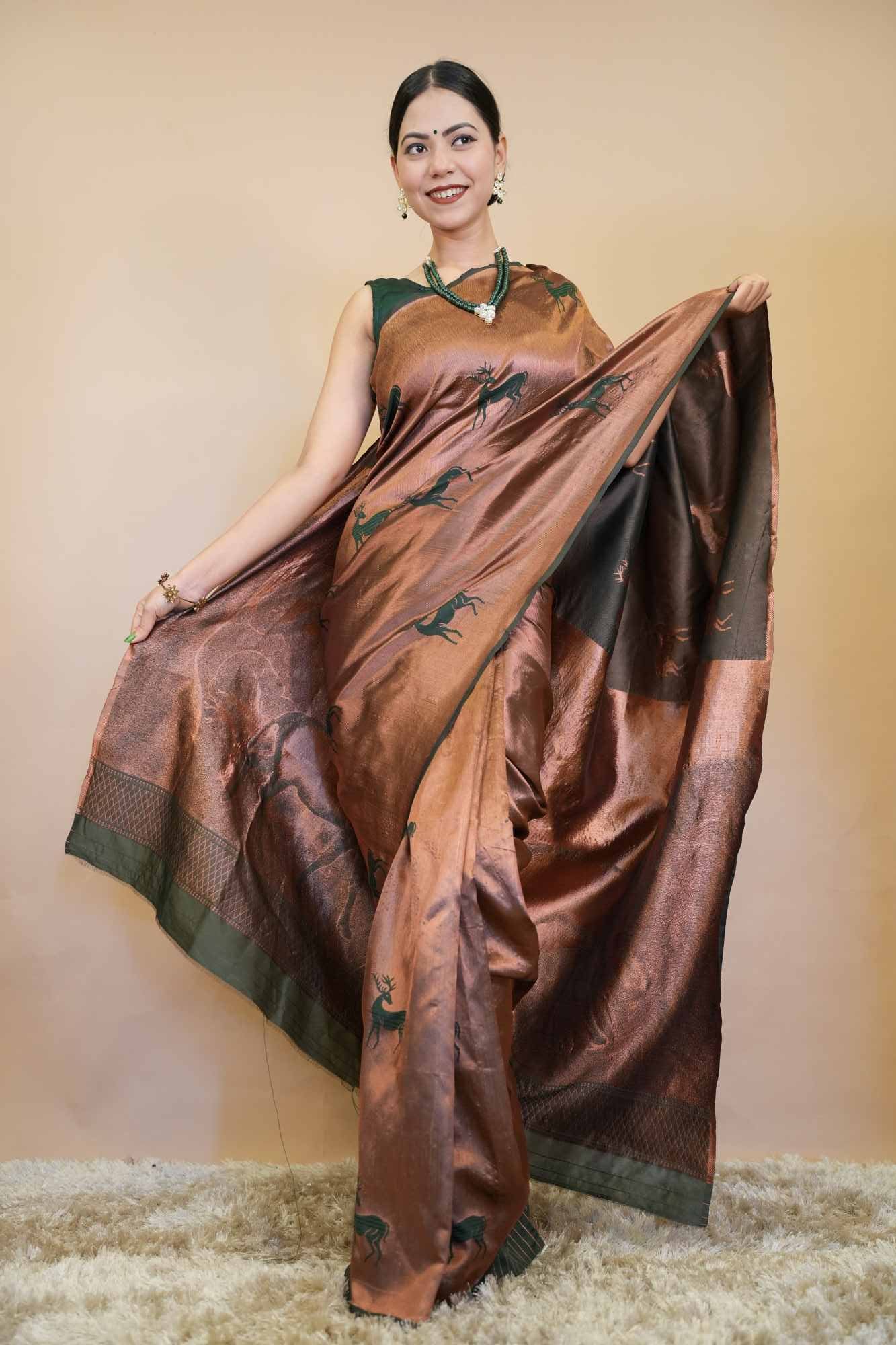 Traditional Pure Kanchipuram Pattu & peacock woven motifs Wrap in 1 minute saree