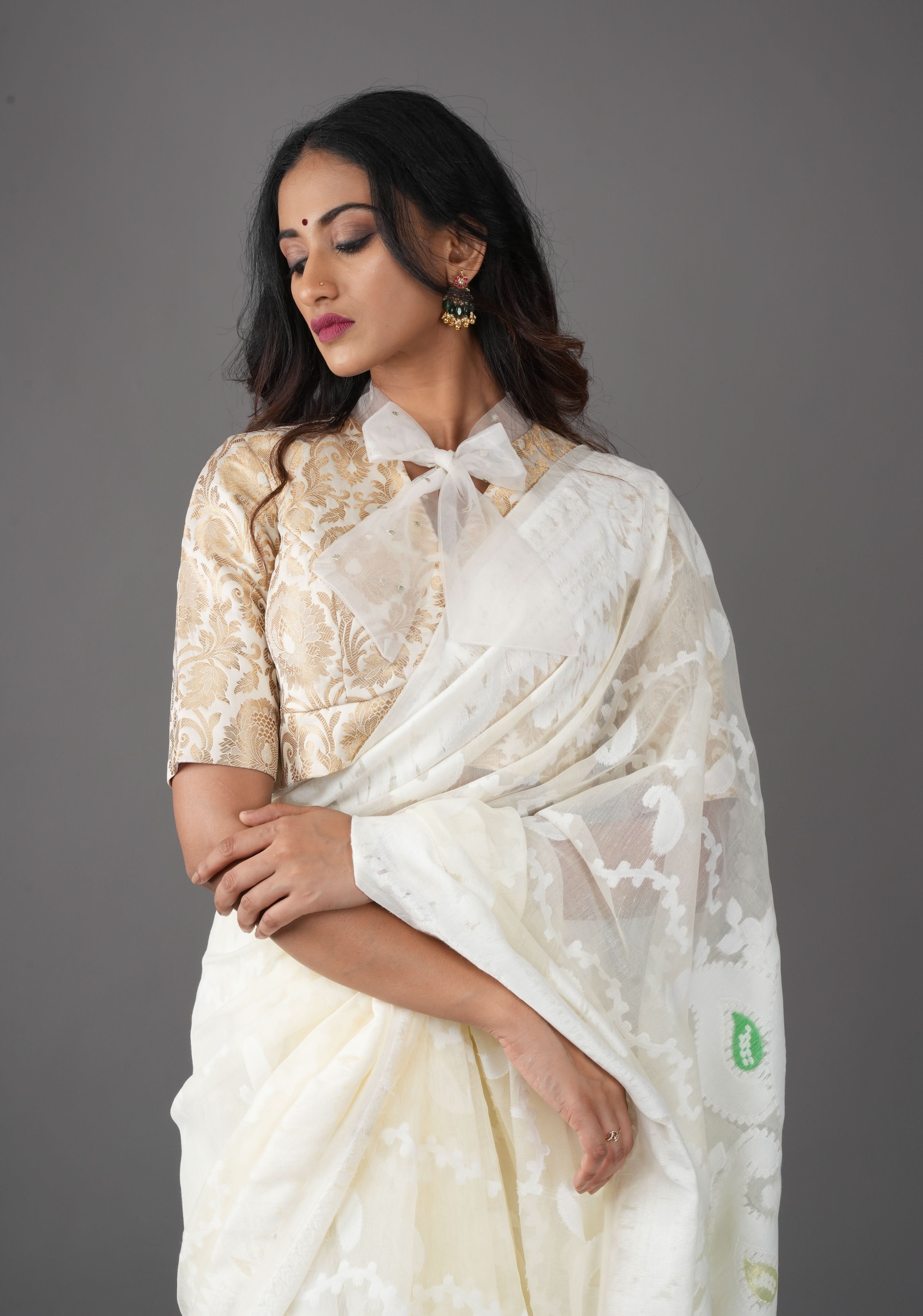 Off White Banarasi Brocade Blouse with Tie Neck, Customizable, Made to Order | Shobitam