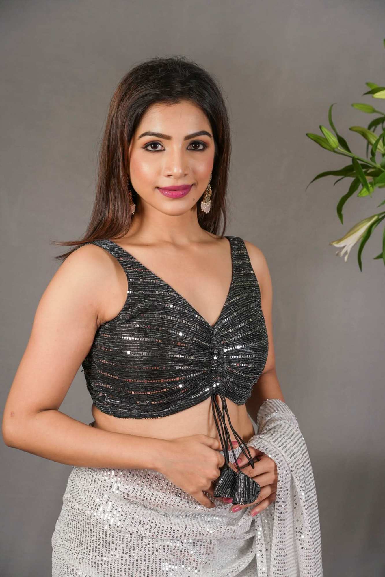 Black Sequin Shimmer Blouse in Black and Silver!