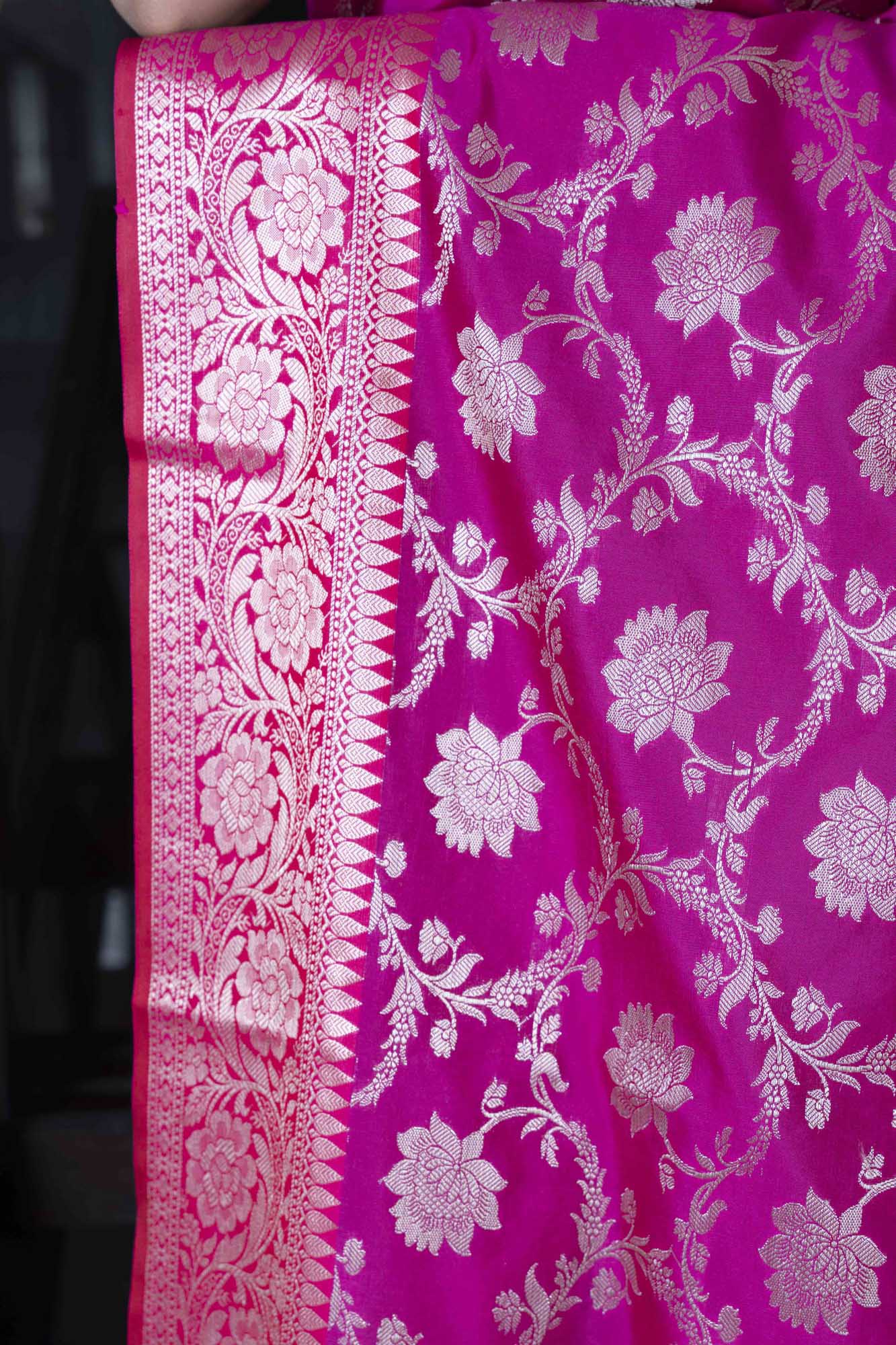 Banarasi Pink Semi Katan Silk Saree with All-Over Designer Zari Butta & Rich Brocade Pallu