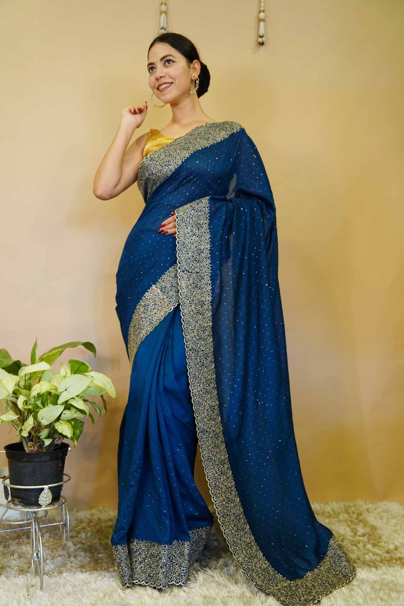 Stitched saree Zari Intricate Detail Bordered With Overall Crystal Embedded Ready To Wear Saree
