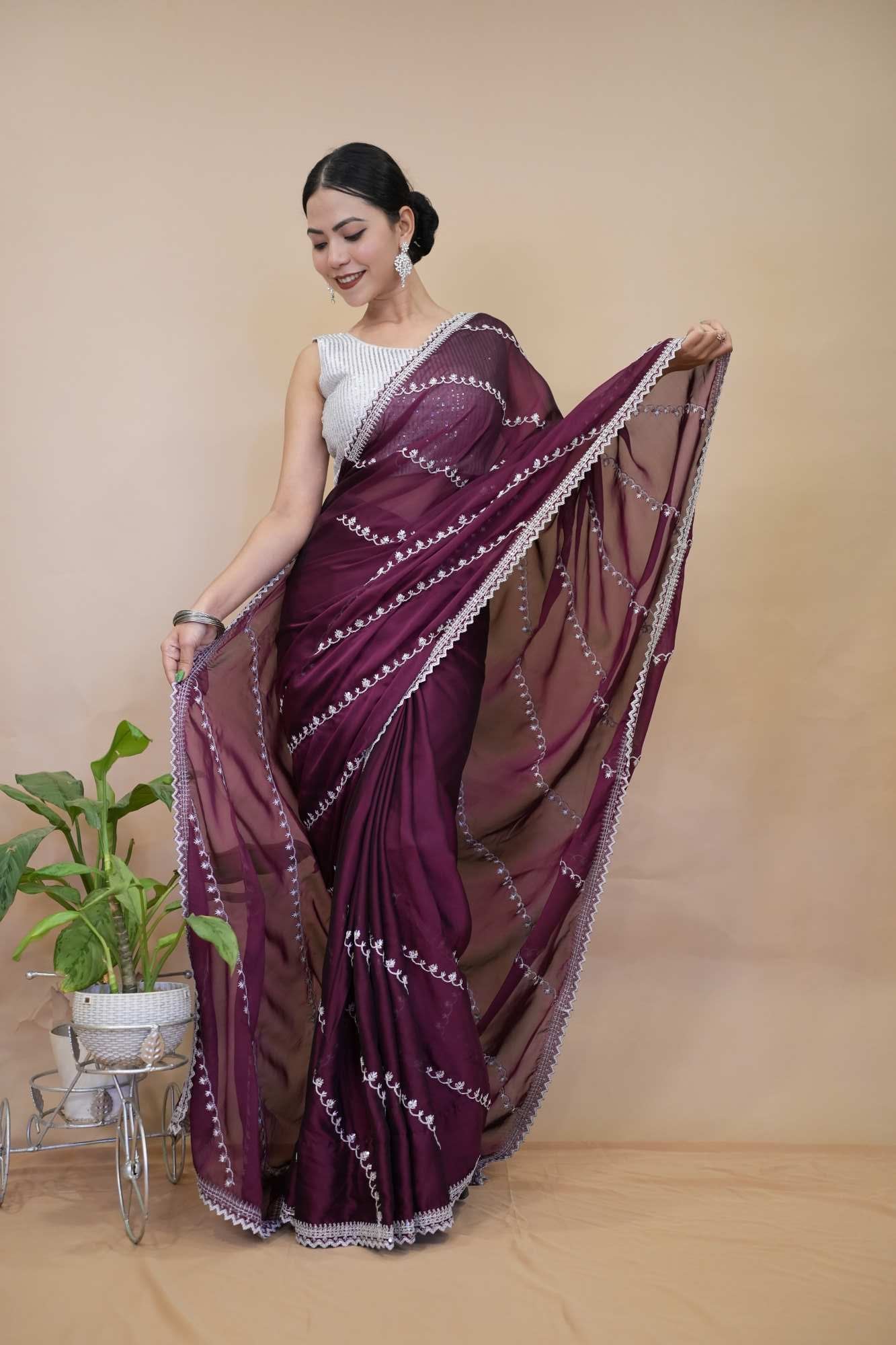 Beautiful Burgundy With White Zari Embroidery & Bordered Pre Drape Saree